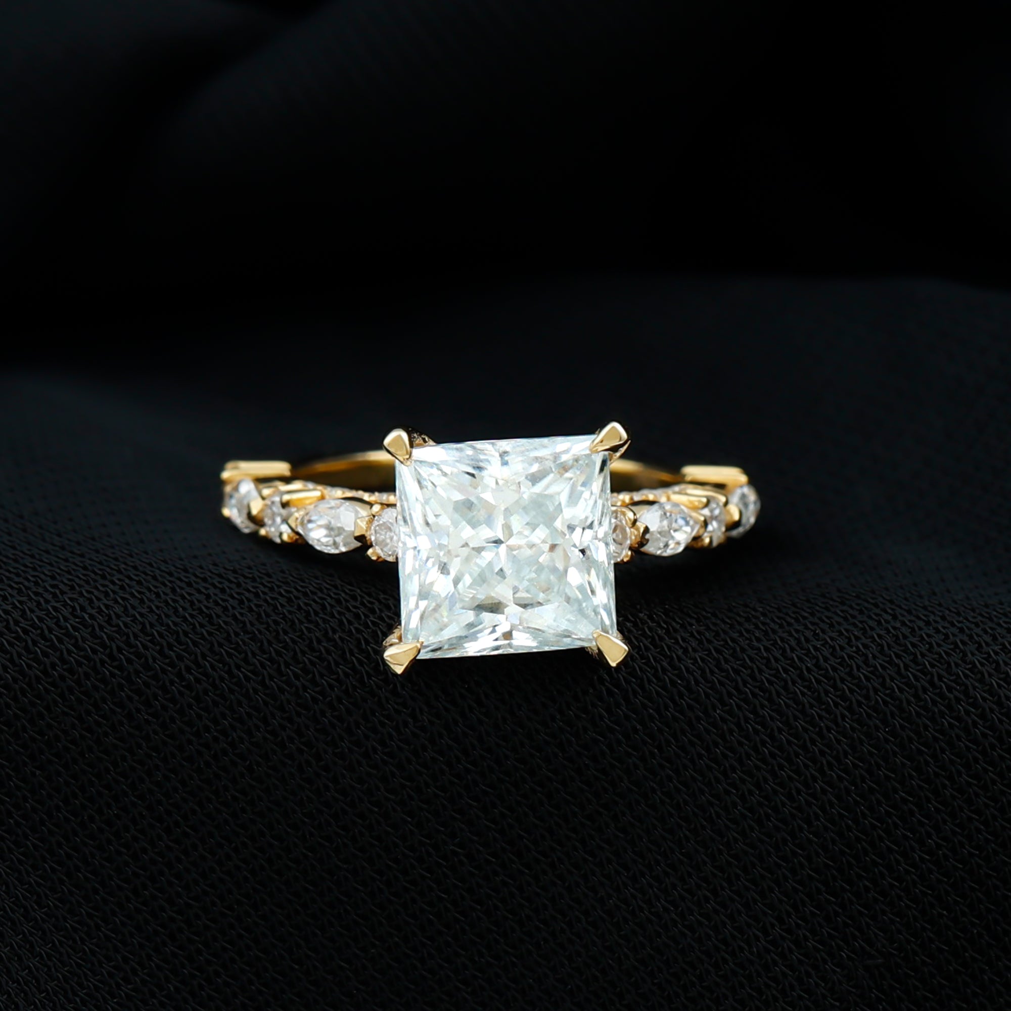 Certified Princess Cut Moissanite Engagement Ring with Side Stones D-VS1 - Rosec Jewels