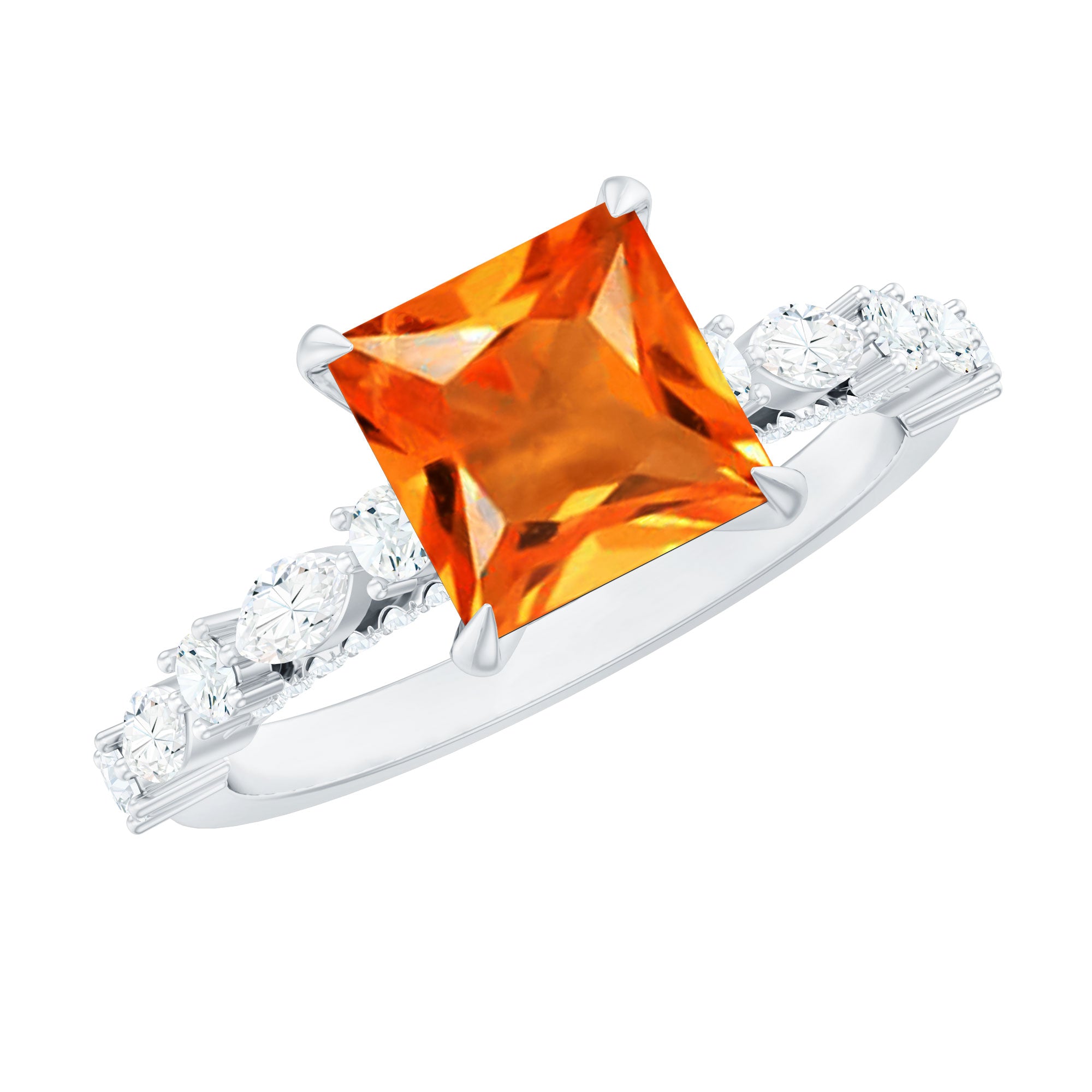 2.75 Carat Lab Grown Orange Sapphire Princess Cut Engagement Ring with Side Stones AAAA - Rosec Jewels