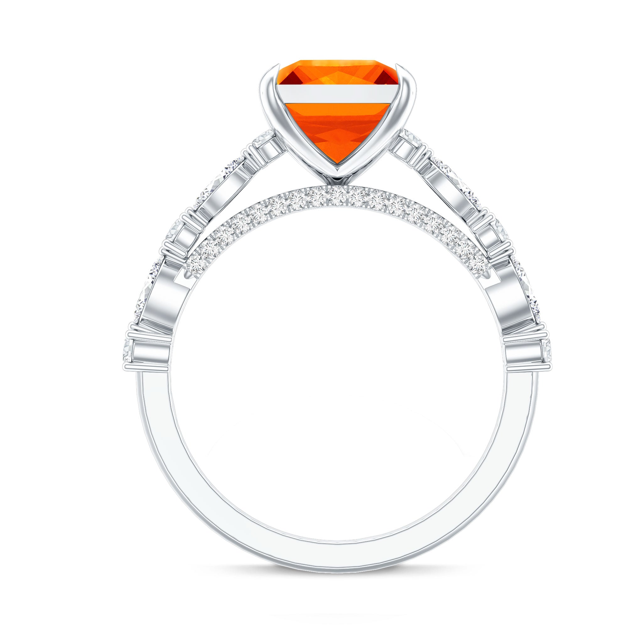 2.75 Carat Lab Grown Orange Sapphire Princess Cut Engagement Ring with Side Stones AAAA - Rosec Jewels