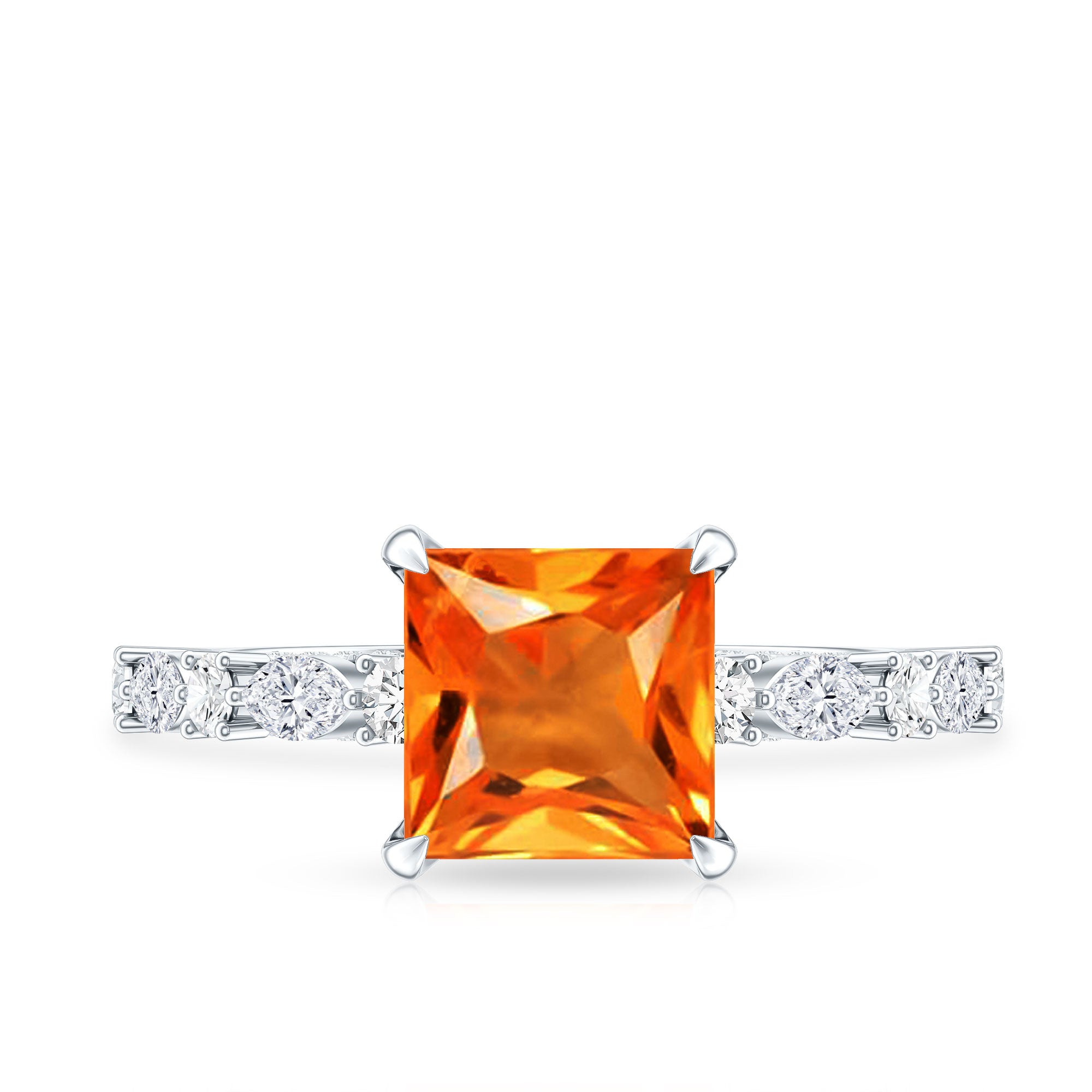 2.75 Carat Lab Grown Orange Sapphire Princess Cut Engagement Ring with Side Stones AAAA - Rosec Jewels