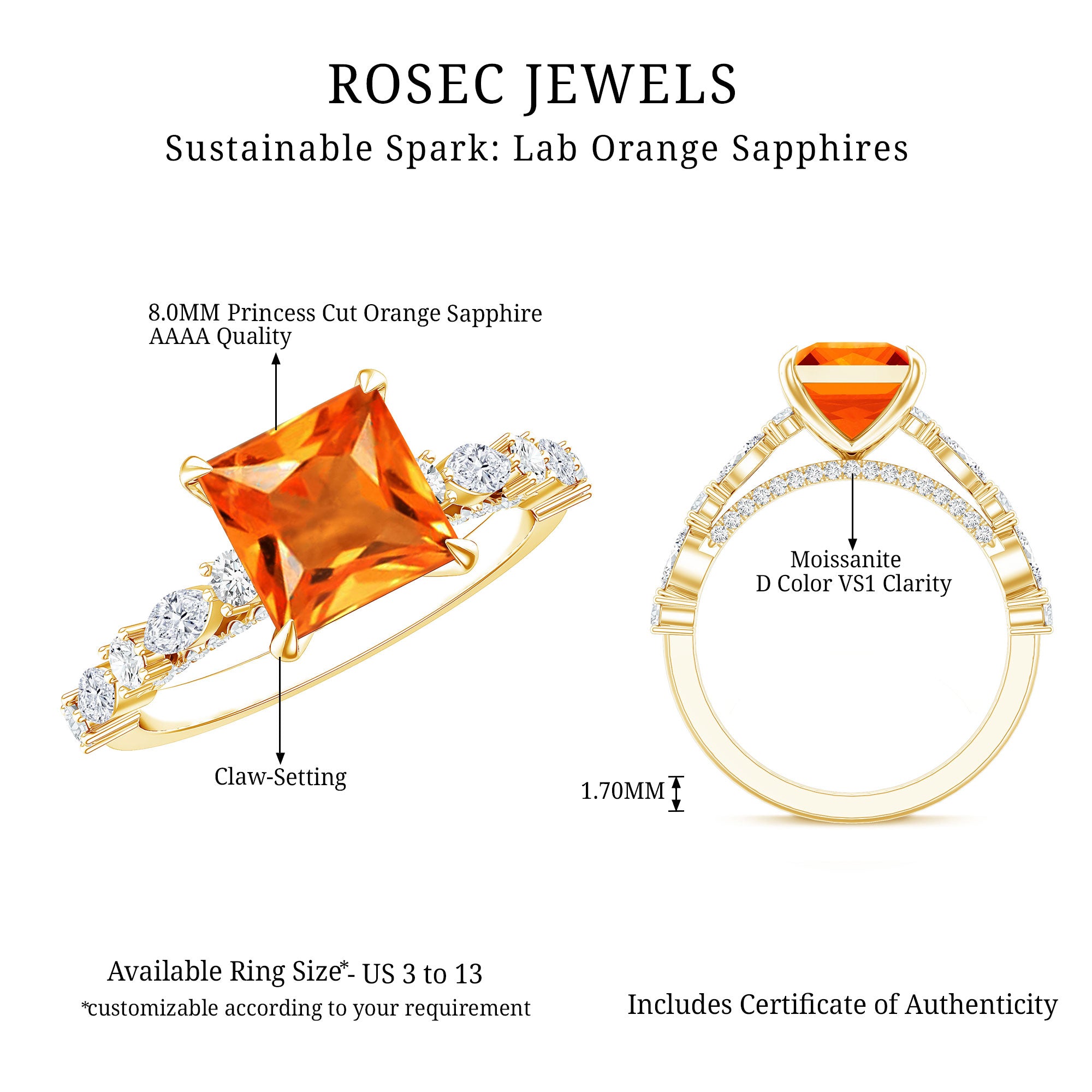 2.75 Carat Lab Grown Orange Sapphire Princess Cut Engagement Ring with Side Stones AAAA - Rosec Jewels
