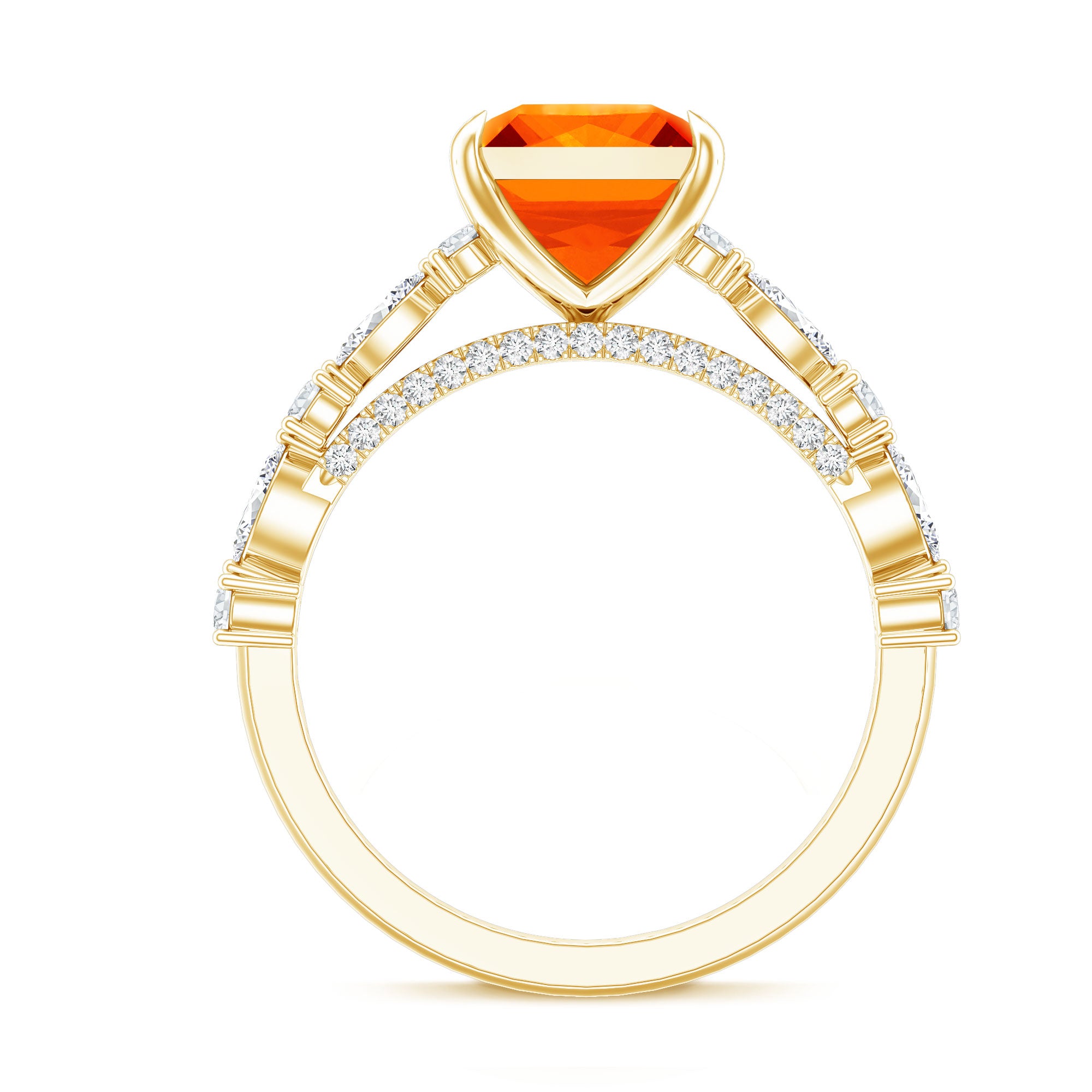 2.75 Carat Lab Grown Orange Sapphire Princess Cut Engagement Ring with Side Stones AAAA - Rosec Jewels