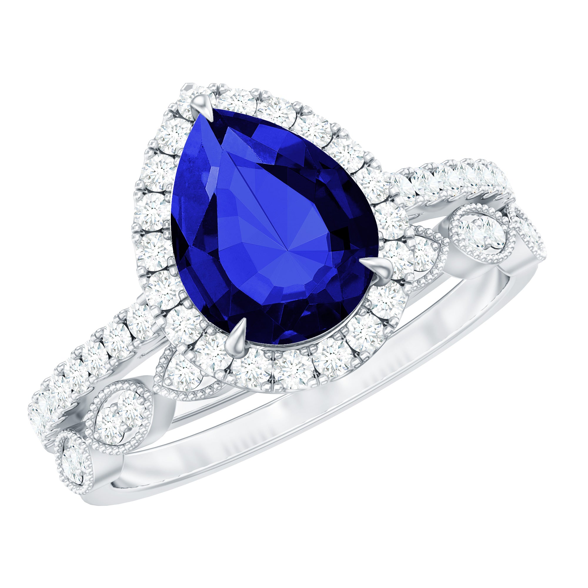 Certified 1.85 Carat Lab Grown Blue Sapphire Pear Shaped Engagement Ring Set with Diamond