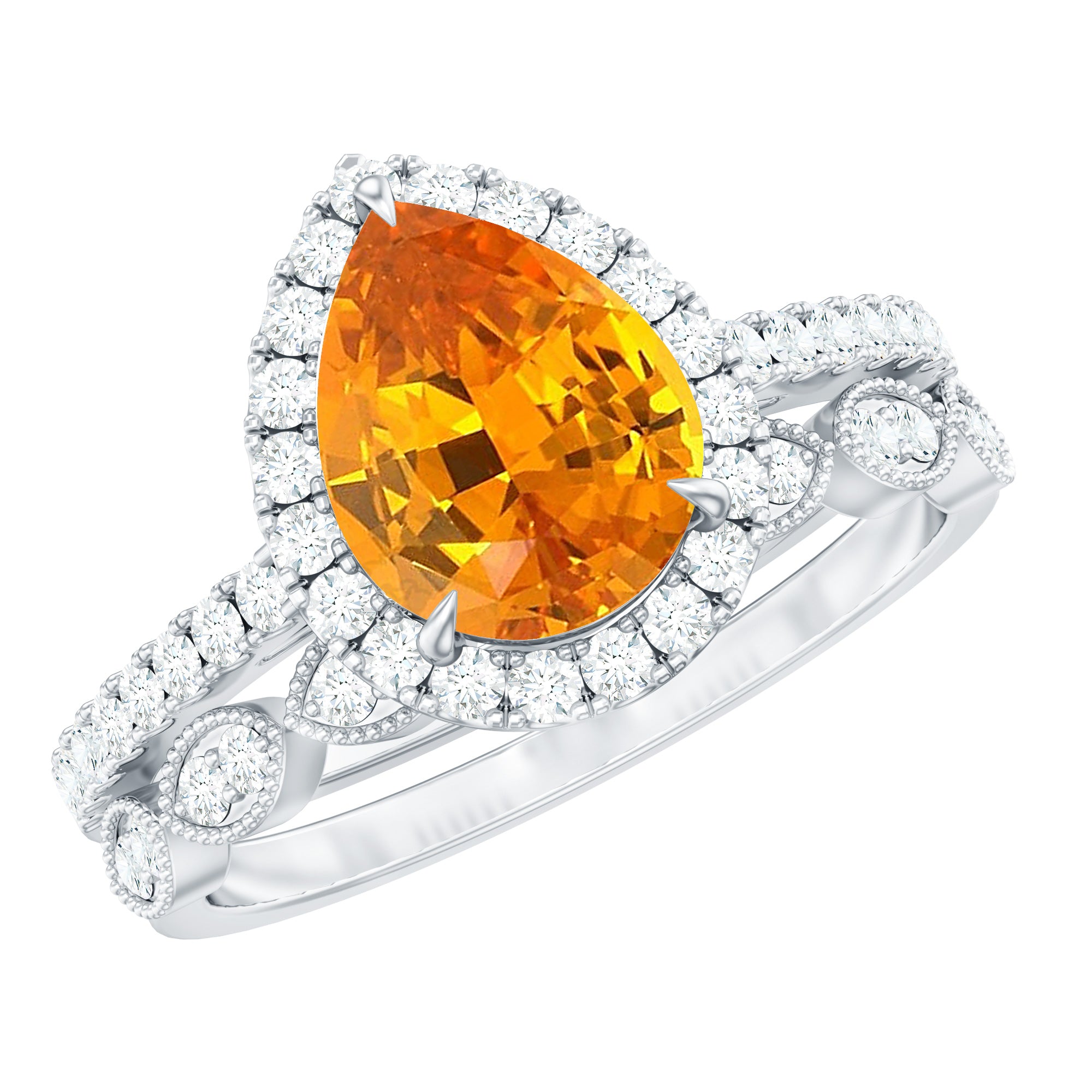 Lab Grown Orange Sapphire Teardrop Engagement Ring Set