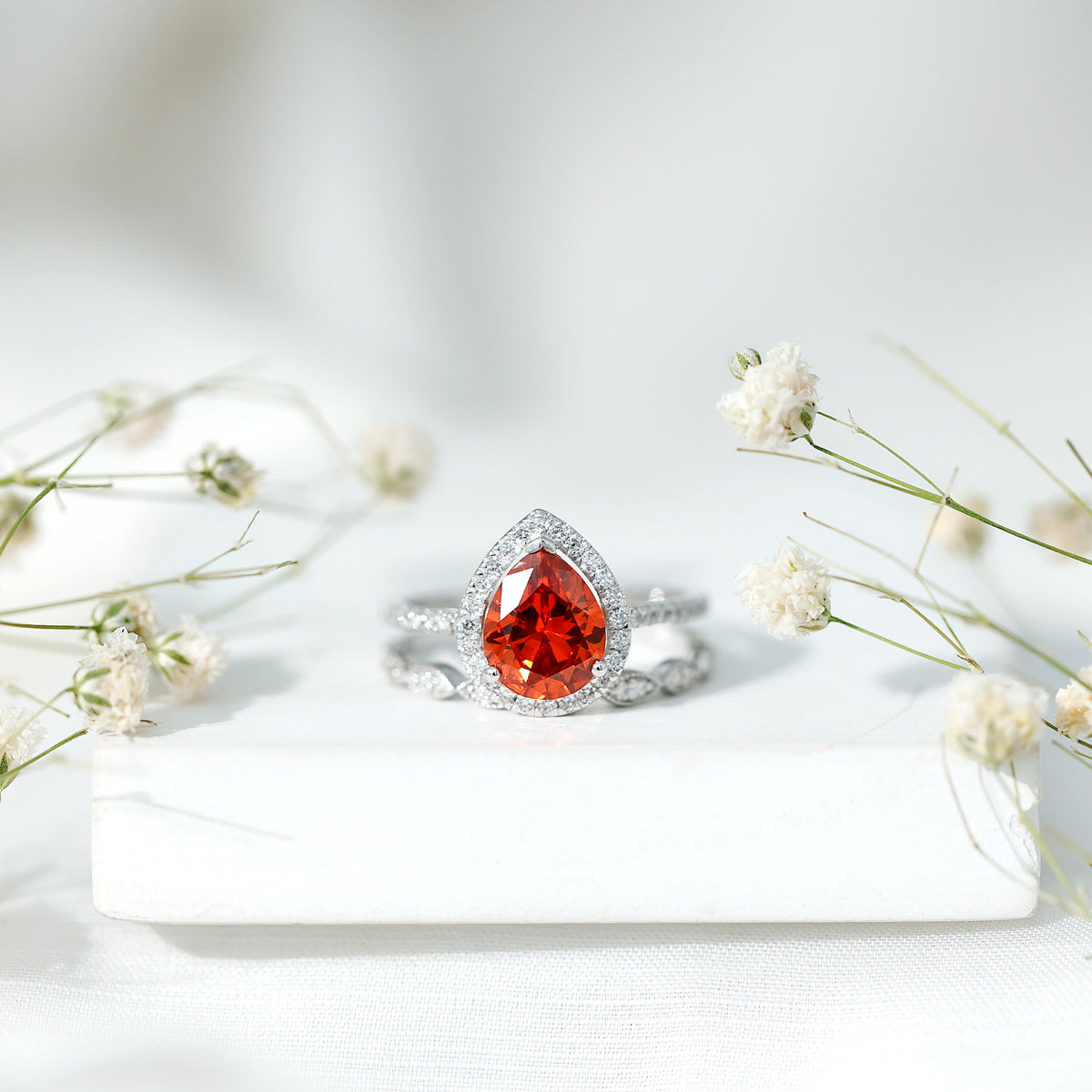 3.3 Carat Pear Shaped Lab Grown Orange Sapphire Wedding Ring Set with Diamond AAAA - Rosec Jewels