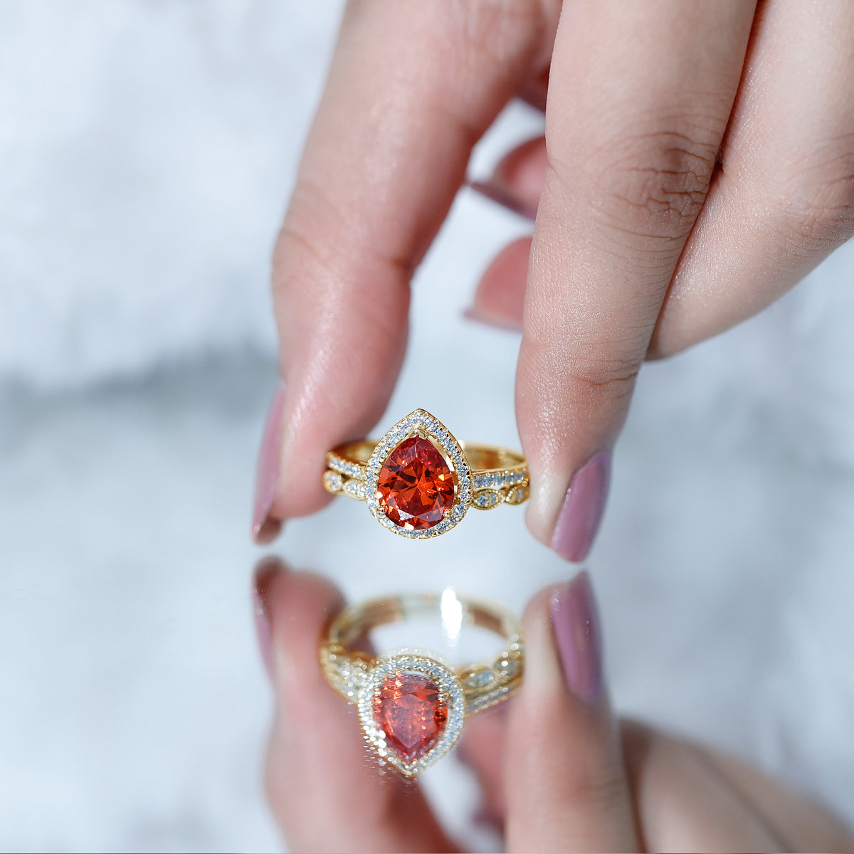 3.3 Carat Pear Shaped Lab Grown Orange Sapphire Wedding Ring Set with Diamond AAAA - Rosec Jewels