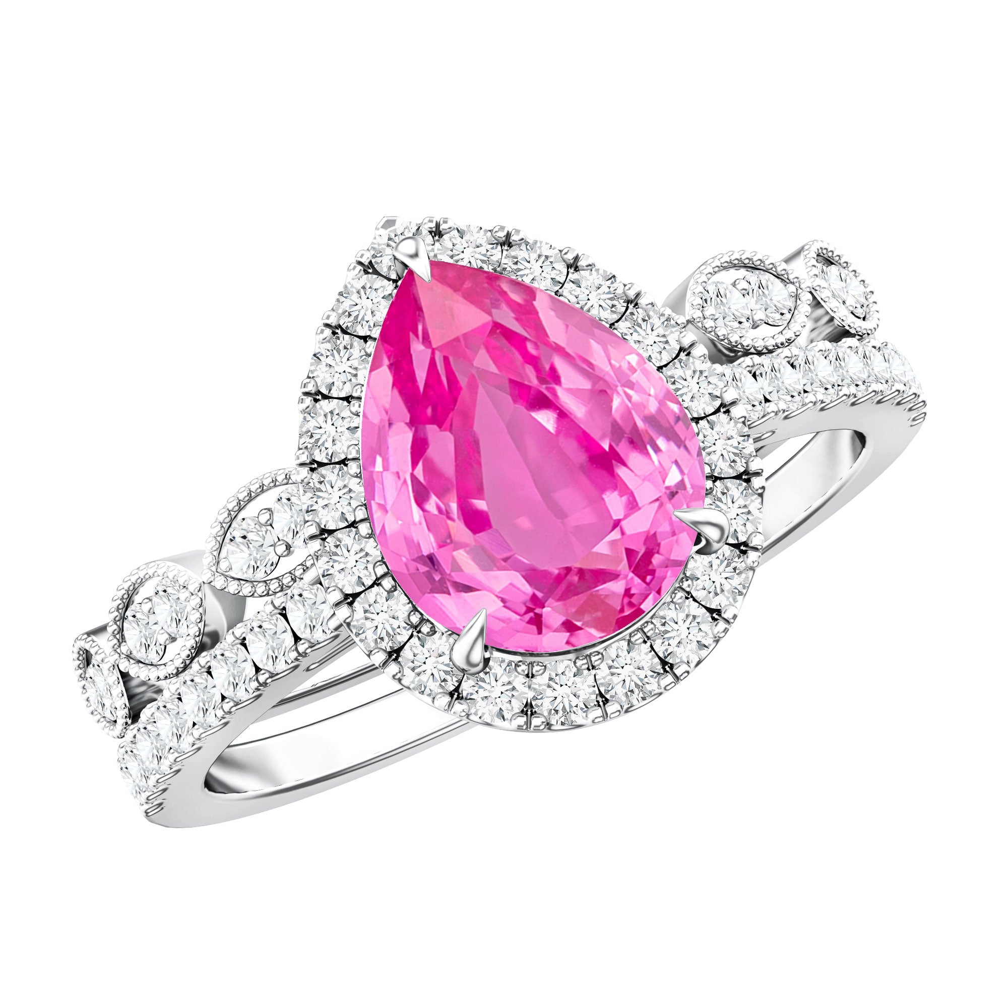 Lab Grown Pink Sapphire Pear Shaped Engagement Ring Set AAAA - Rosec Jewels