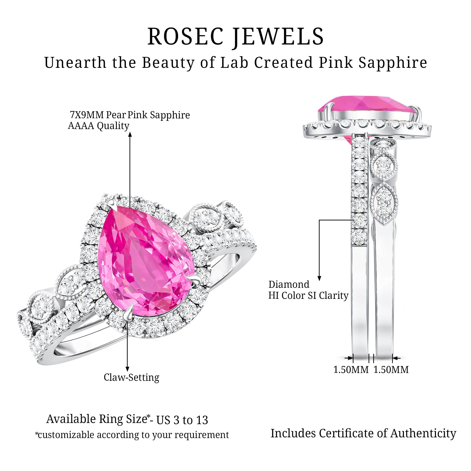 Lab Grown Pink Sapphire Pear Shaped Engagement Ring Set AAAA - Rosec Jewels