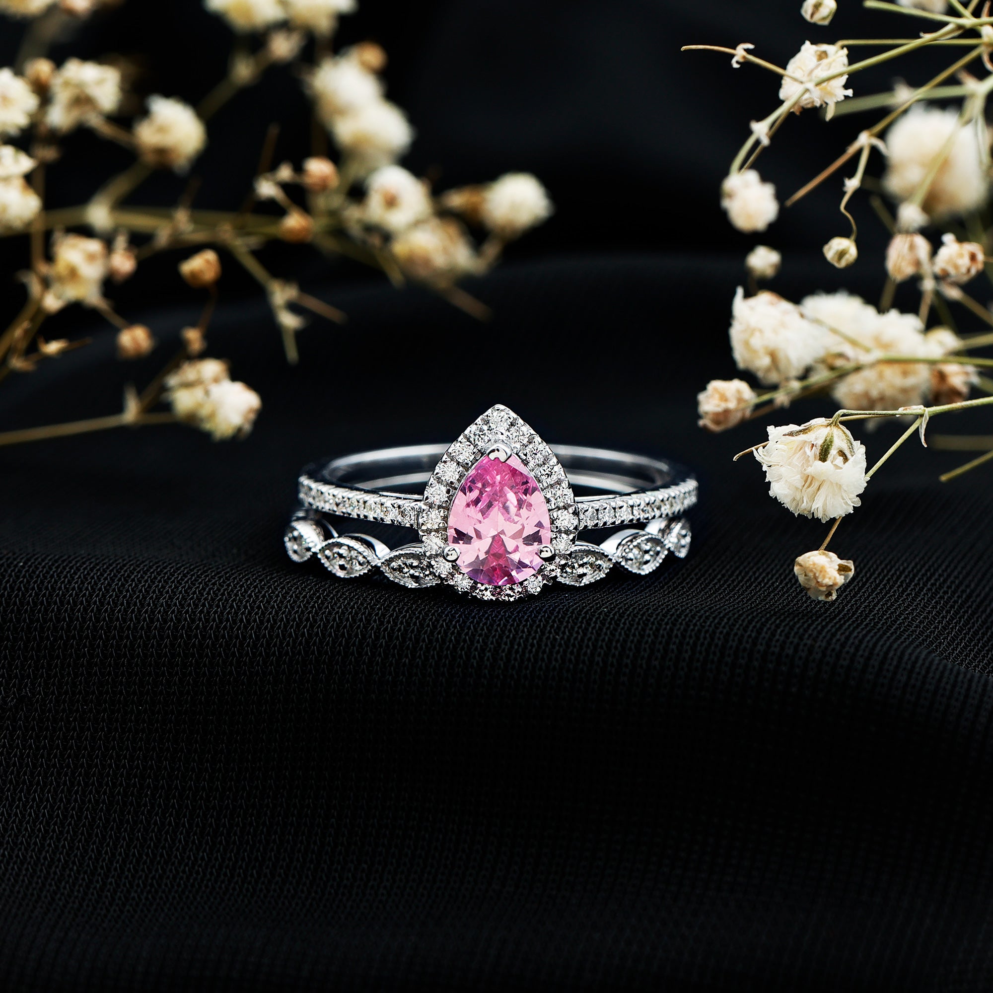 Lab Grown Pink Sapphire Pear Shaped Engagement Ring Set AAAA - Rosec Jewels