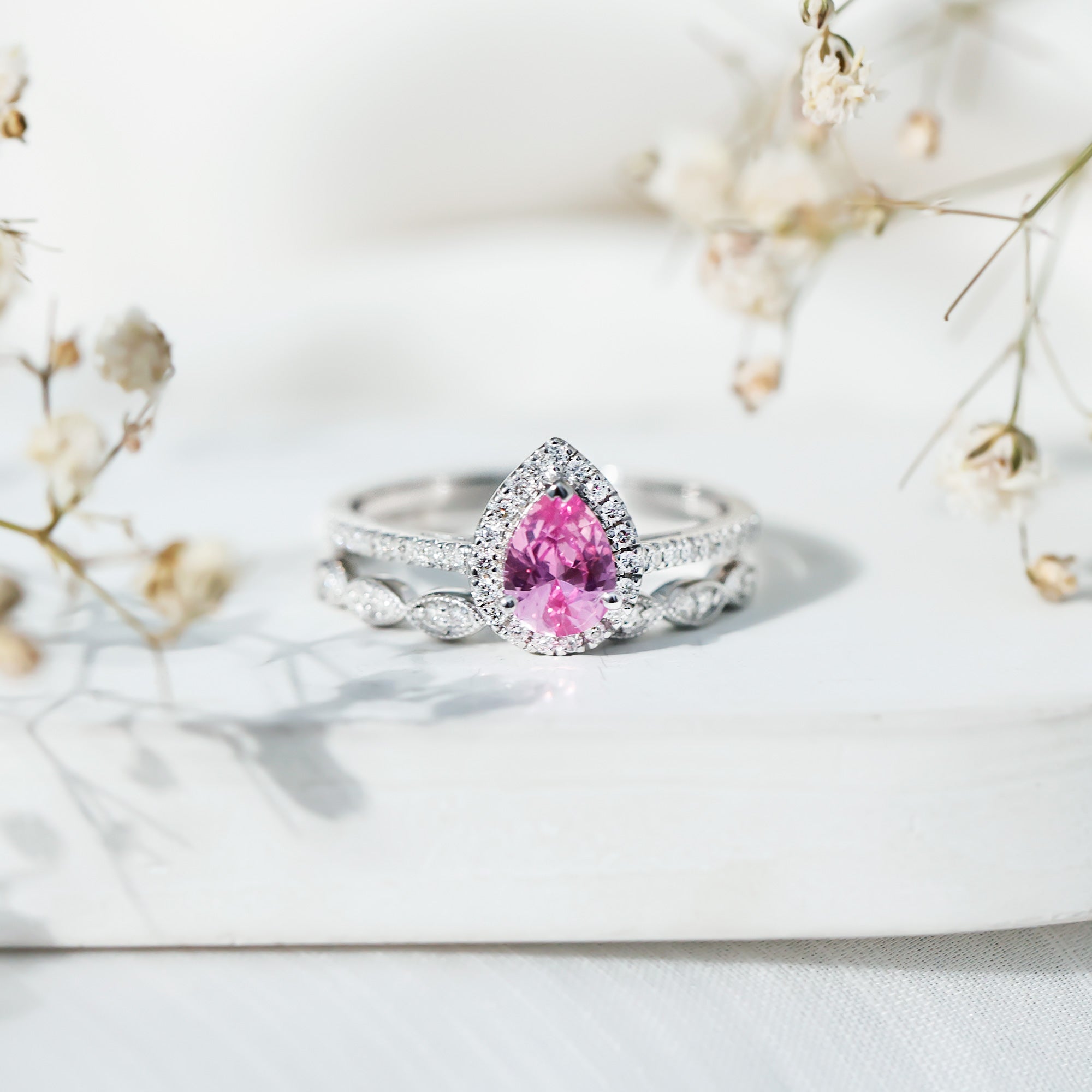 Lab Grown Pink Sapphire Pear Shaped Engagement Ring Set AAAA - Rosec Jewels