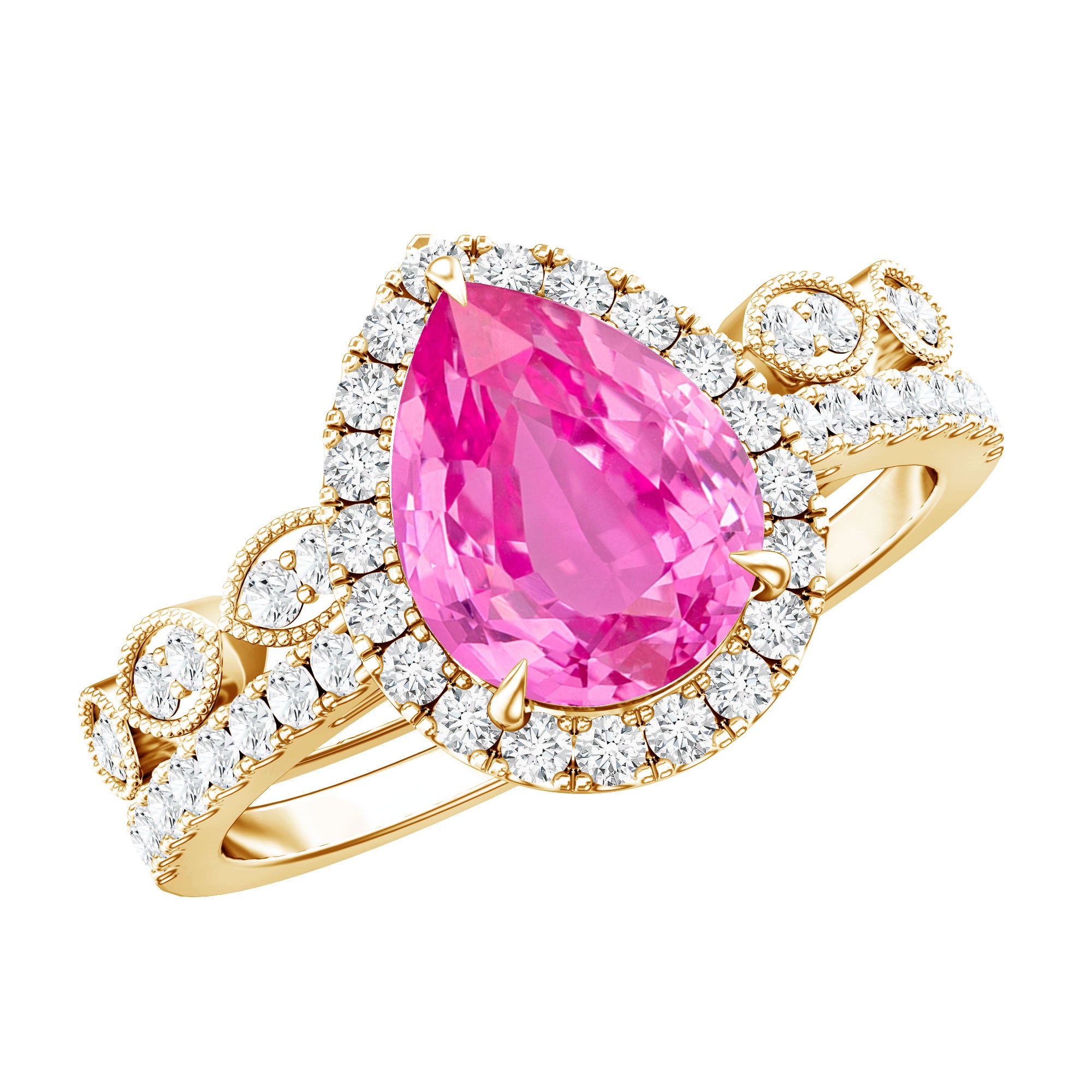 Lab Grown Pink Sapphire Pear Shaped Engagement Ring Set AAAA - Rosec Jewels