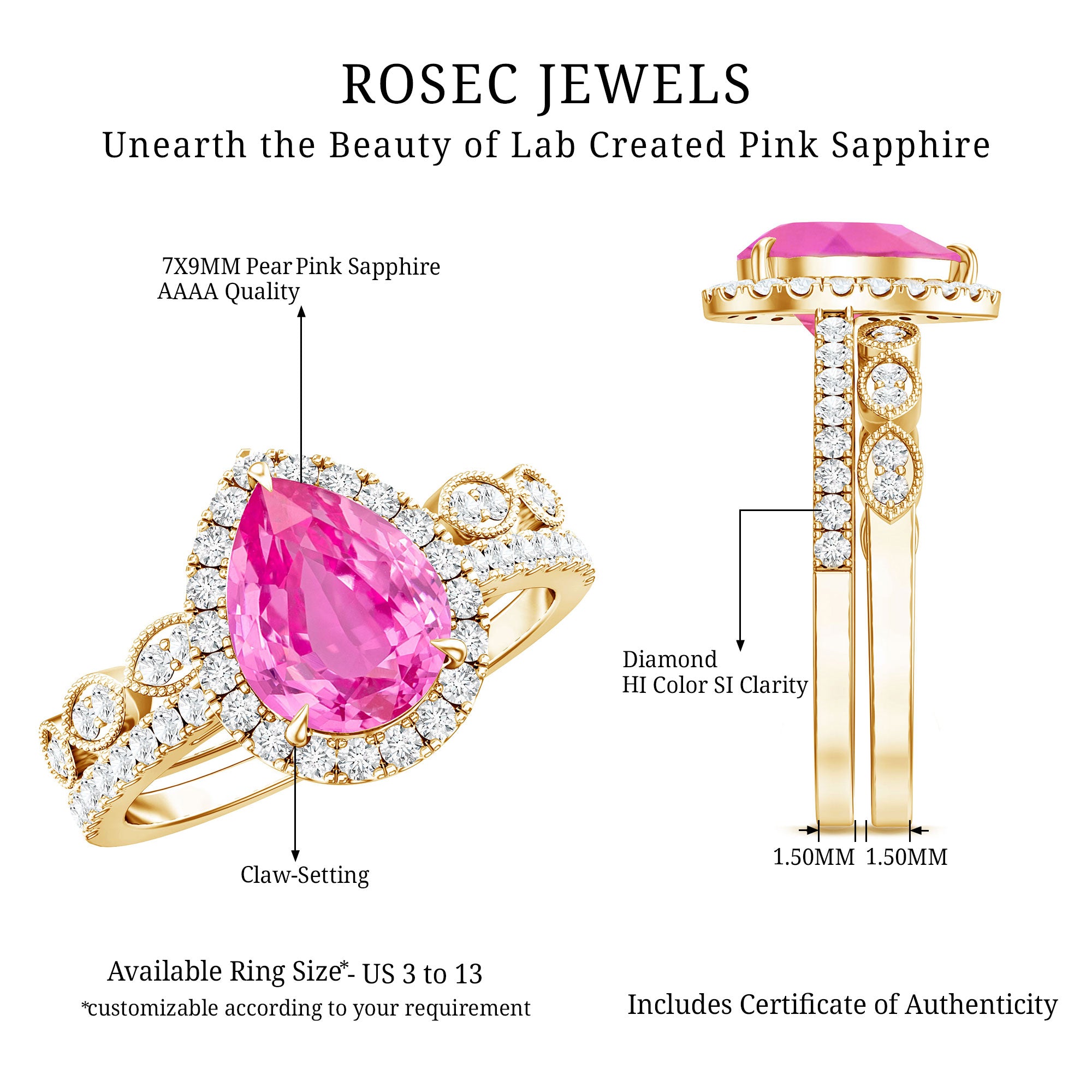Lab Grown Pink Sapphire Pear Shaped Engagement Ring Set AAAA - Rosec Jewels