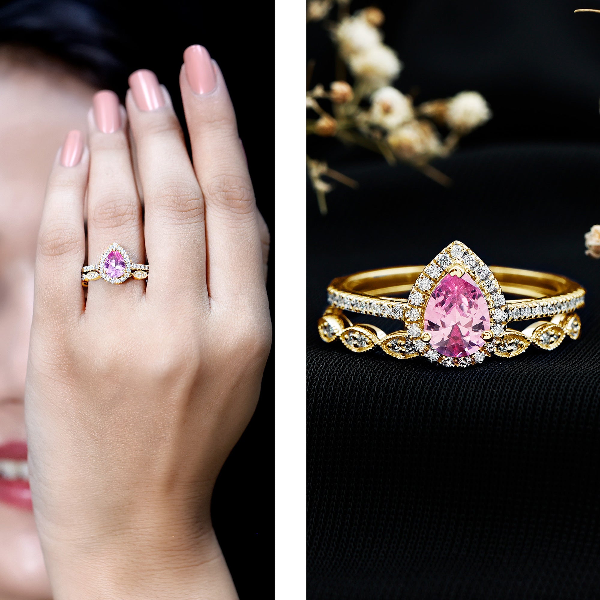 Lab Grown Pink Sapphire Pear Shaped Engagement Ring Set AAAA - Rosec Jewels