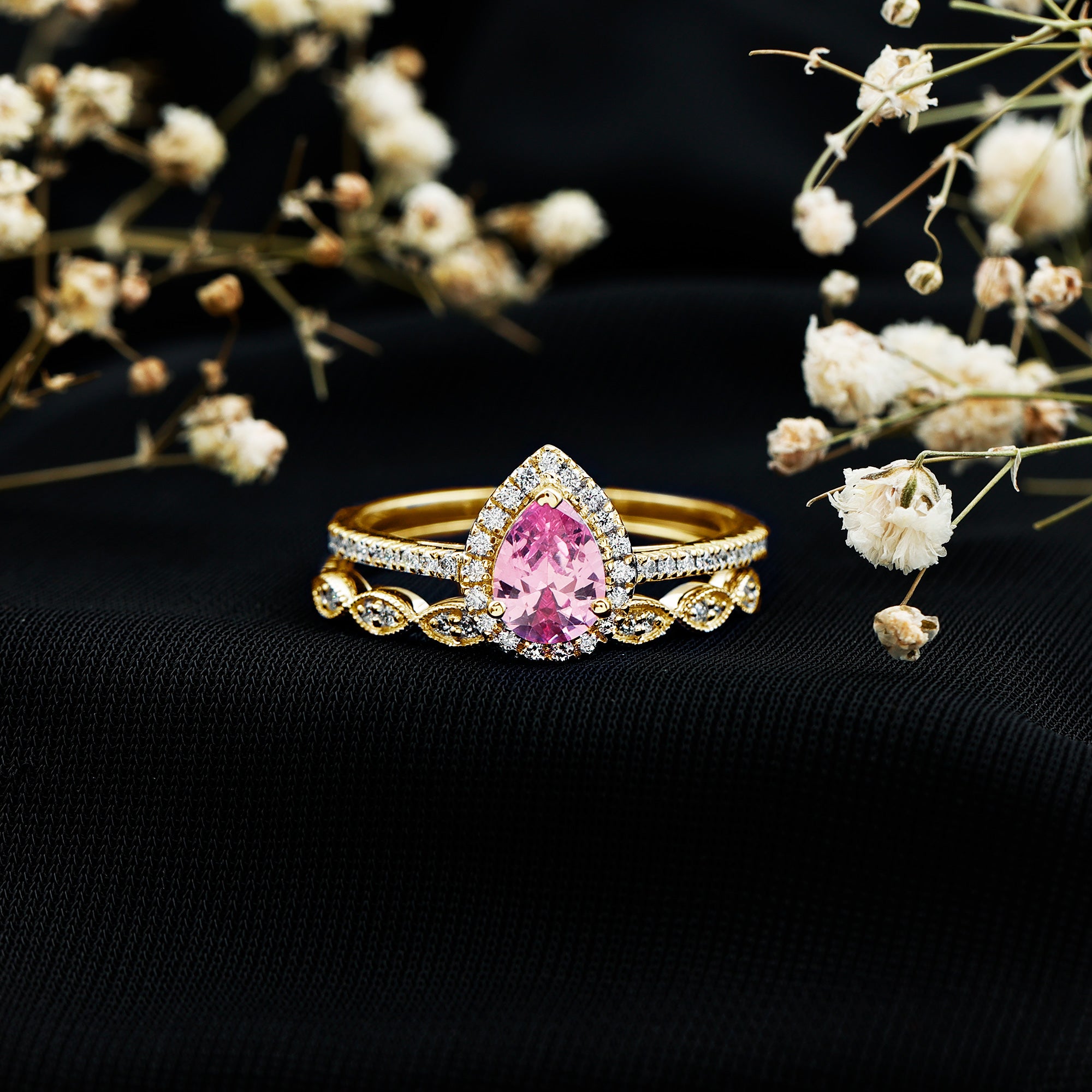 Lab Grown Pink Sapphire Pear Shaped Engagement Ring Set AAAA - Rosec Jewels