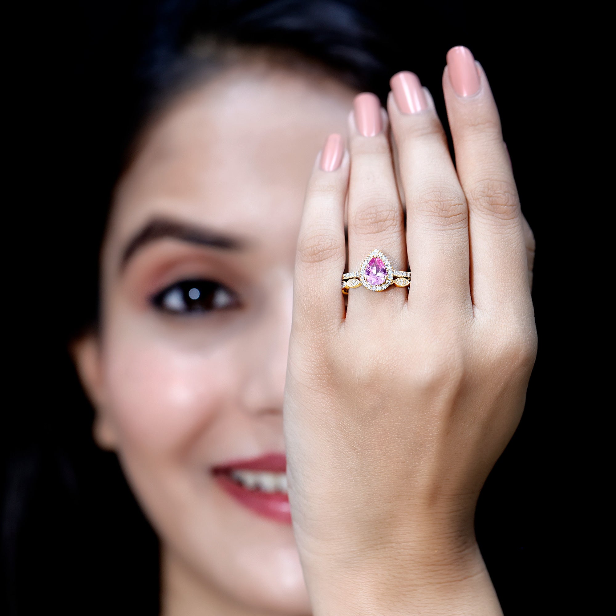 Lab Grown Pink Sapphire Pear Shaped Engagement Ring Set AAAA - Rosec Jewels