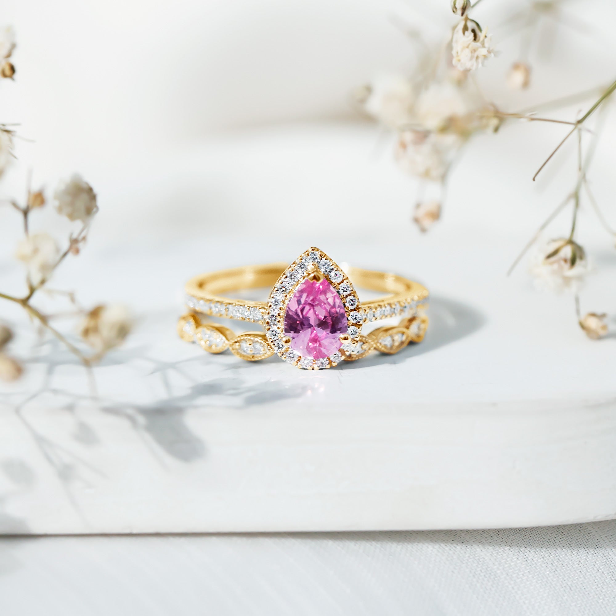 Lab Grown Pink Sapphire Pear Shaped Engagement Ring Set AAAA - Rosec Jewels
