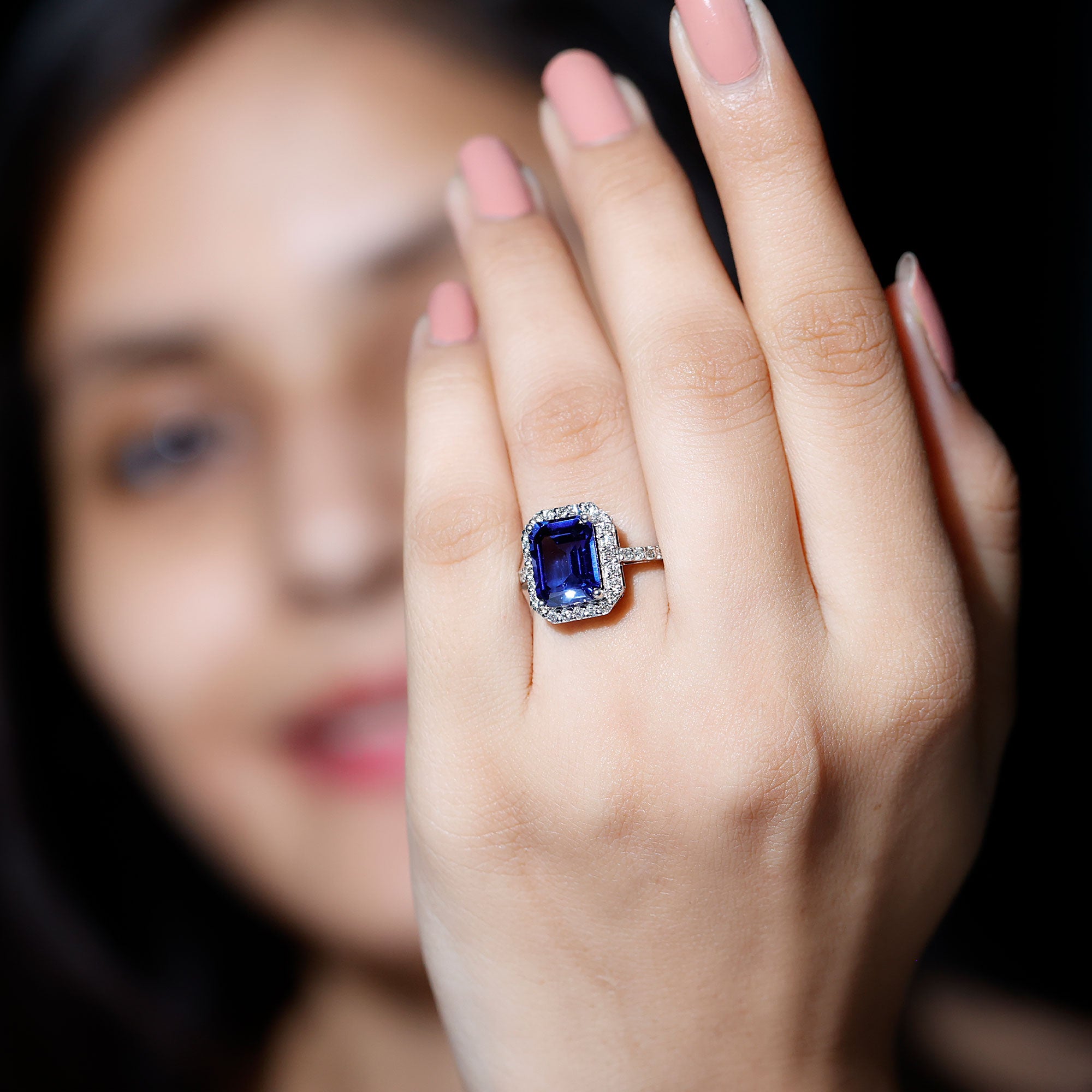 Certified 2.75 Carat Lab Grown Blue Sapphire Emerald Cut Engagement Ring with Diamond Halo AAAA - Rosec Jewels