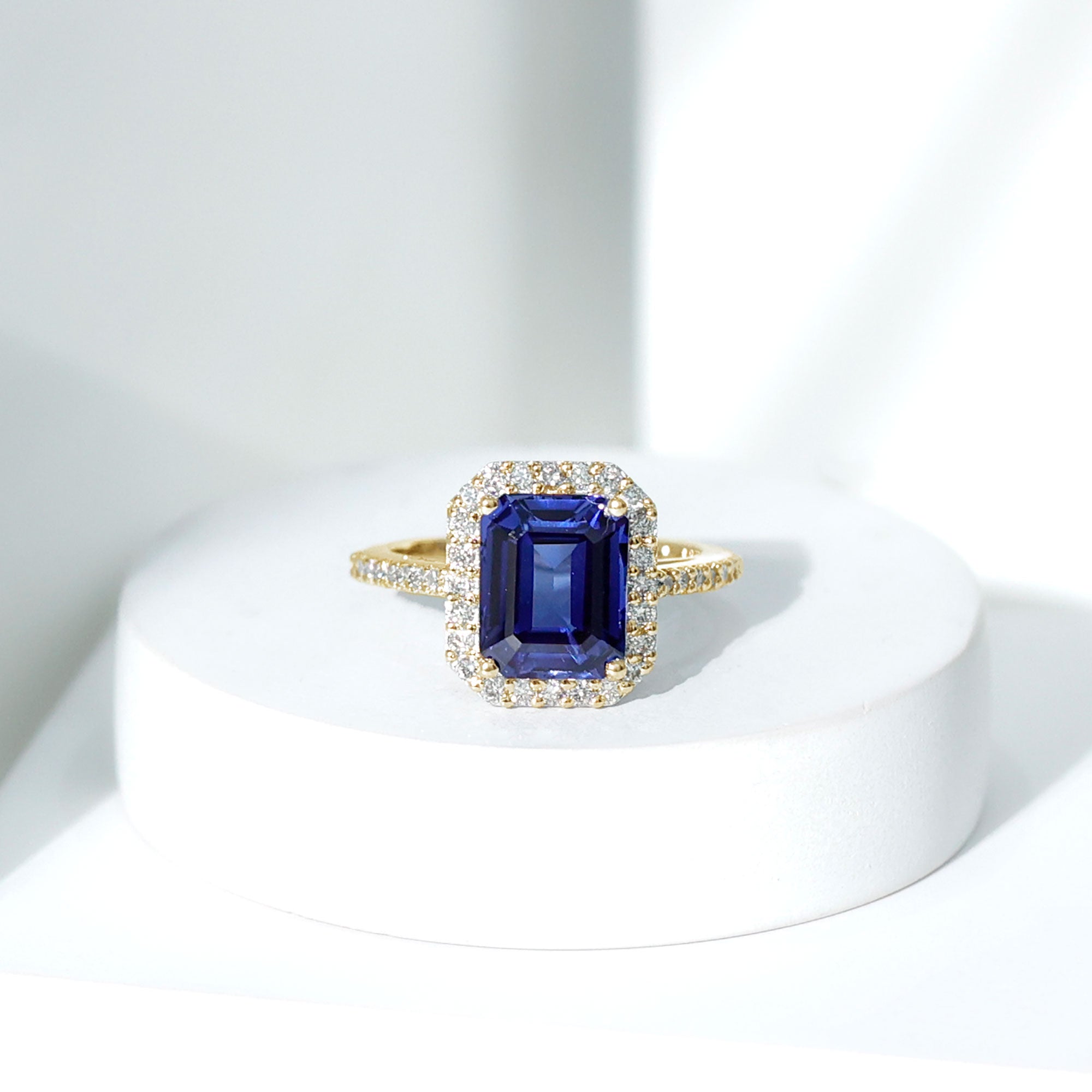 Certified 2.75 Carat Lab Grown Blue Sapphire Emerald Cut Engagement Ring with Diamond Halo AAAA - Rosec Jewels