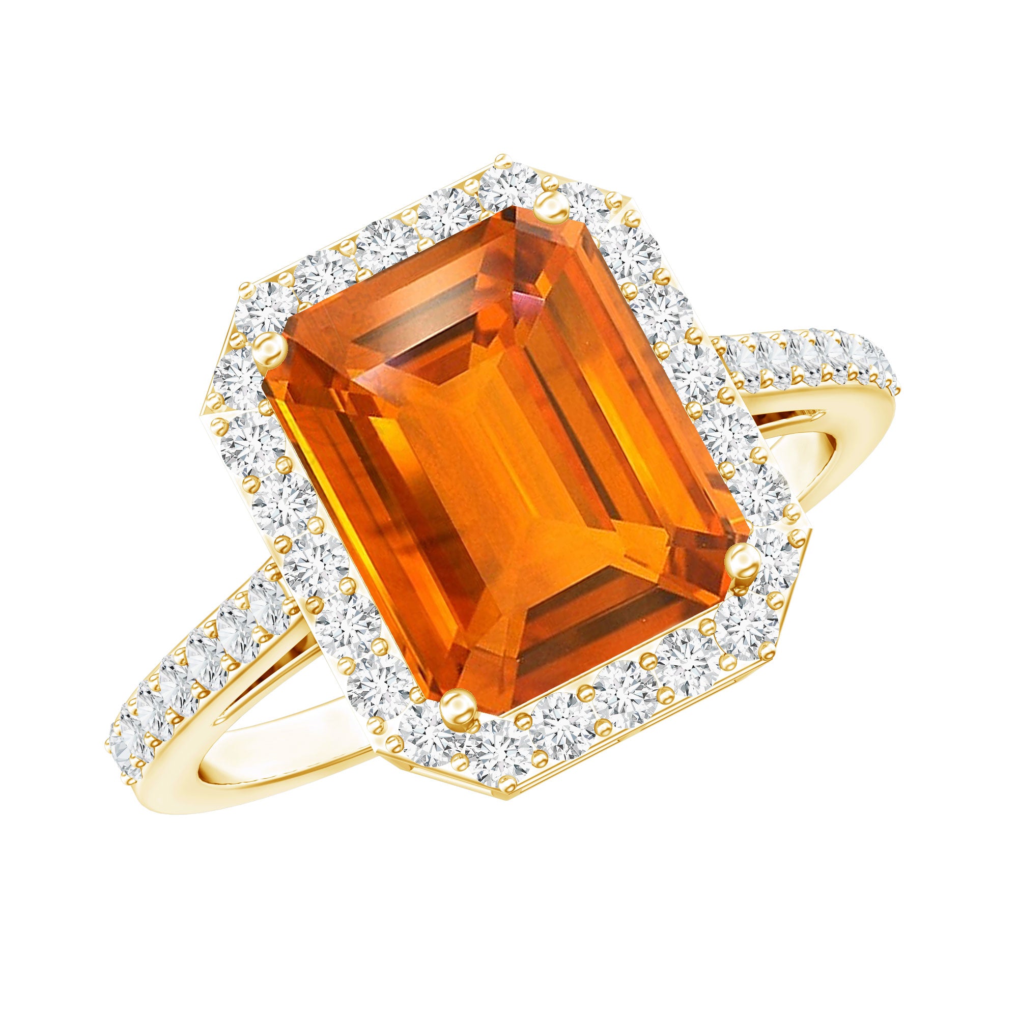 2.75 Carat Lab Grown Orange Sapphire Emerald Cut Engagement Ring with Diamond Halo AAAA - Rosec Jewels