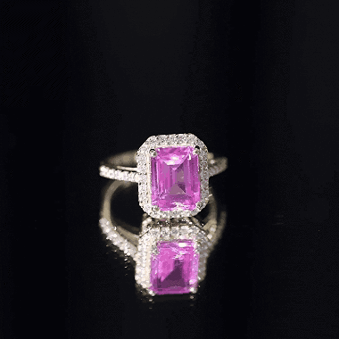 2.75 Carat Lab Grown Pink Sapphire Emerald Cut Engagement Ring with Diamond AAAA - Rosec Jewels