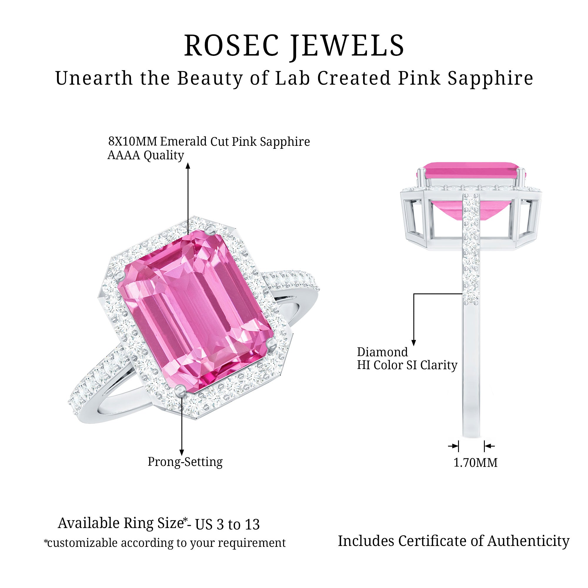 2.75 Carat Lab Grown Pink Sapphire Emerald Cut Engagement Ring with Diamond AAAA - Rosec Jewels