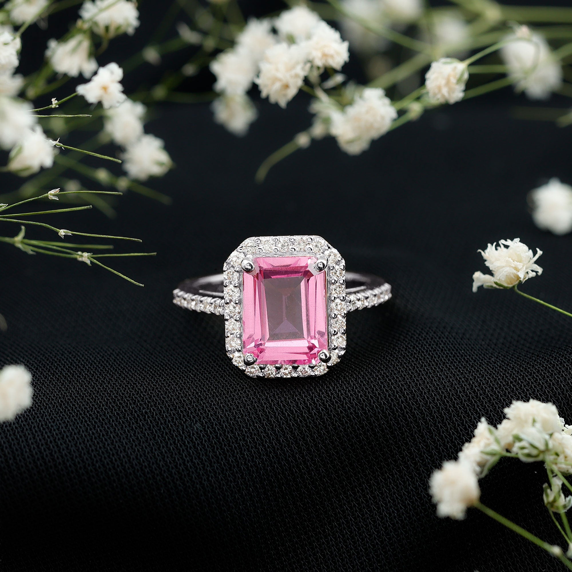 2.75 Carat Lab Grown Pink Sapphire Emerald Cut Engagement Ring with Diamond AAAA - Rosec Jewels