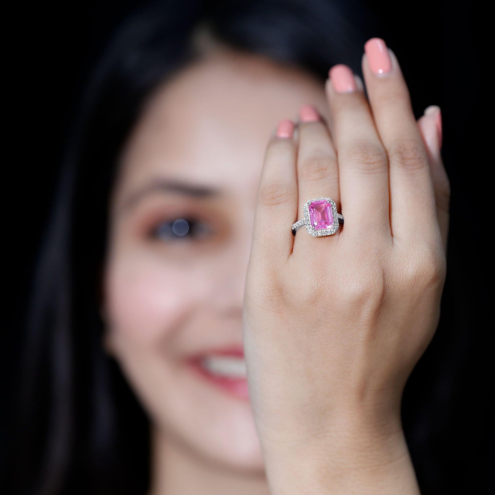 2.75 Carat Lab Grown Pink Sapphire Emerald Cut Engagement Ring with Diamond AAAA - Rosec Jewels