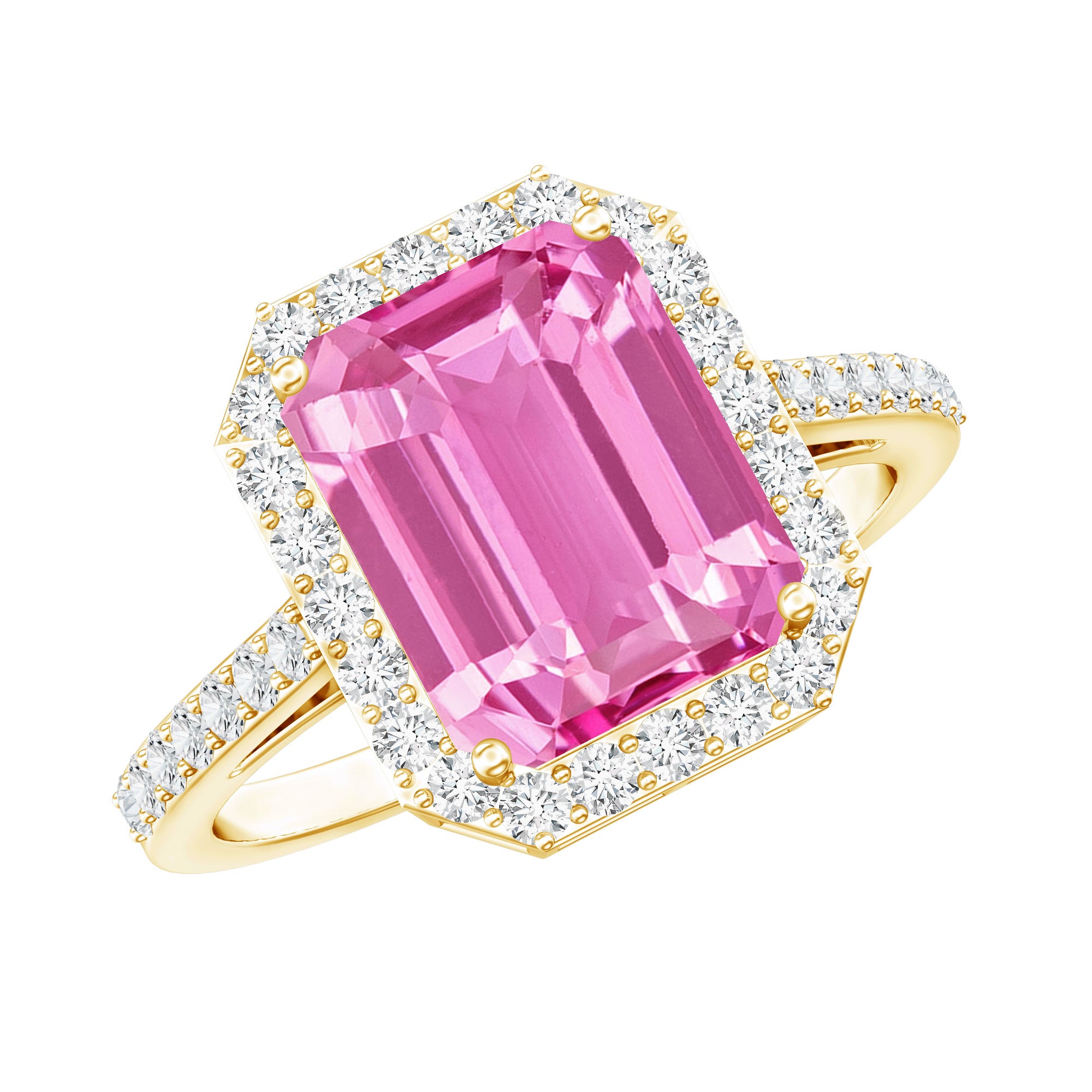 2.75 Carat Lab Grown Pink Sapphire Emerald Cut Engagement Ring with Diamond AAAA - Rosec Jewels