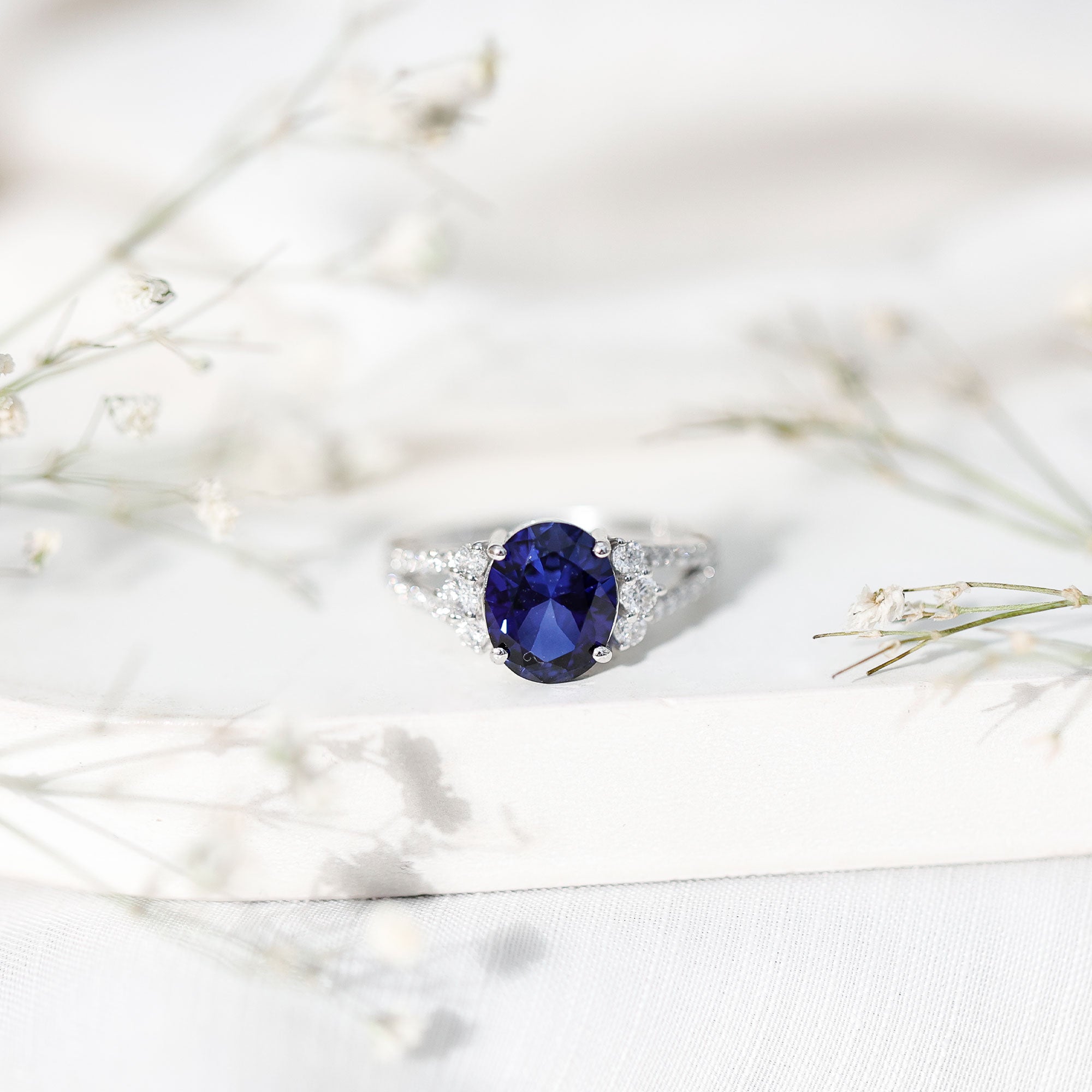 Certified 4 Carat Lab Grown Blue Sapphire Oval Engagement Ring with Diamond Split Shank AAAA - Rosec Jewels
