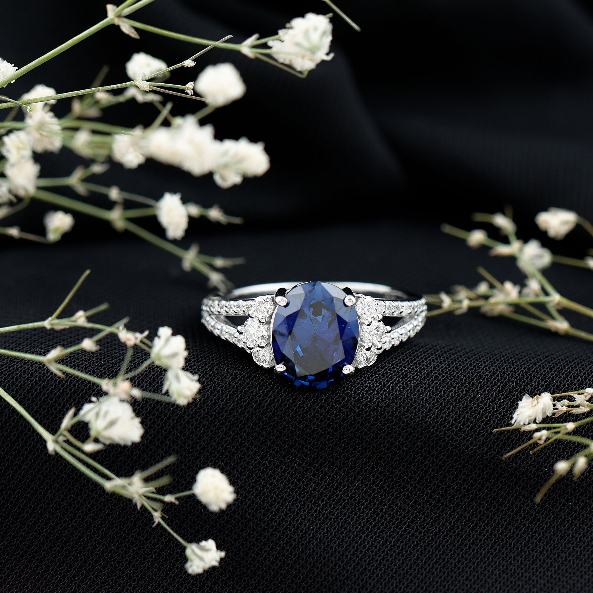 Certified 4 Carat Lab Grown Blue Sapphire Oval Engagement Ring with Diamond Split Shank AAAA - Rosec Jewels