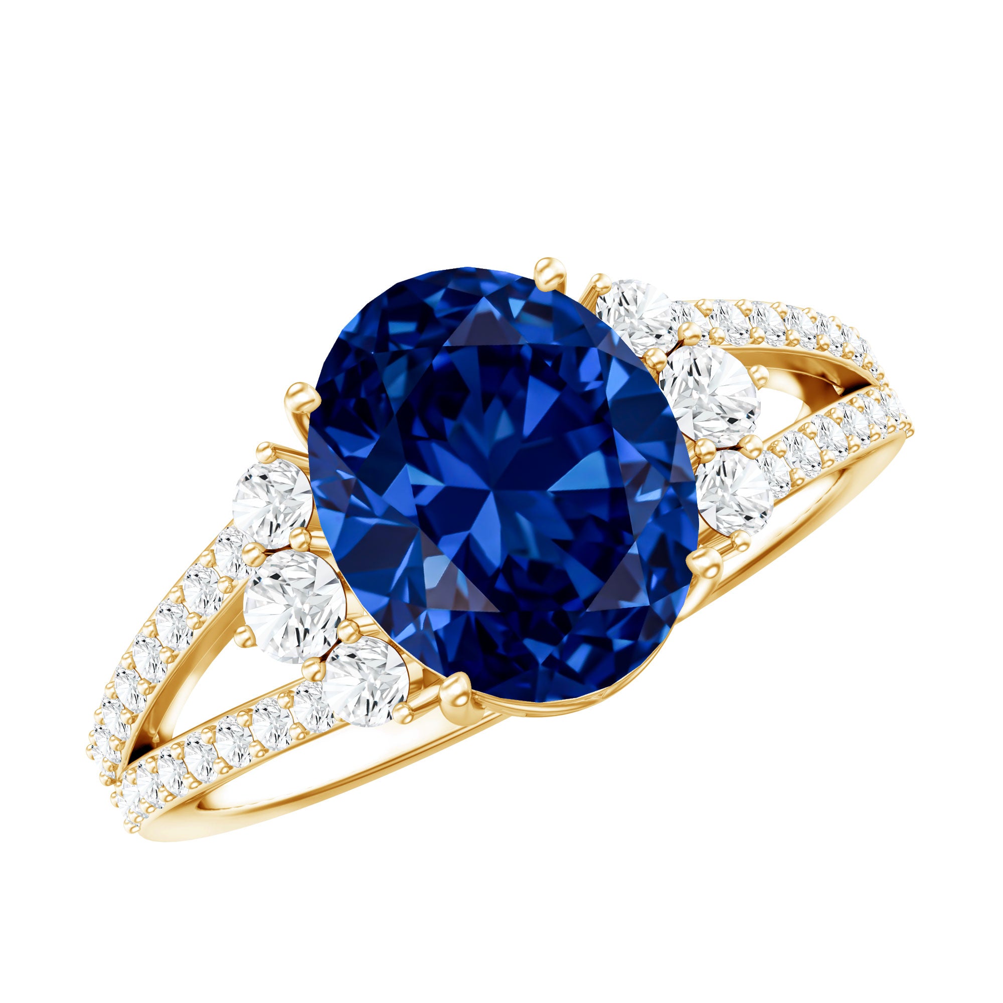 Certified 4 Carat Lab Grown Blue Sapphire Oval Engagement Ring with Diamond Split Shank AAAA - Rosec Jewels