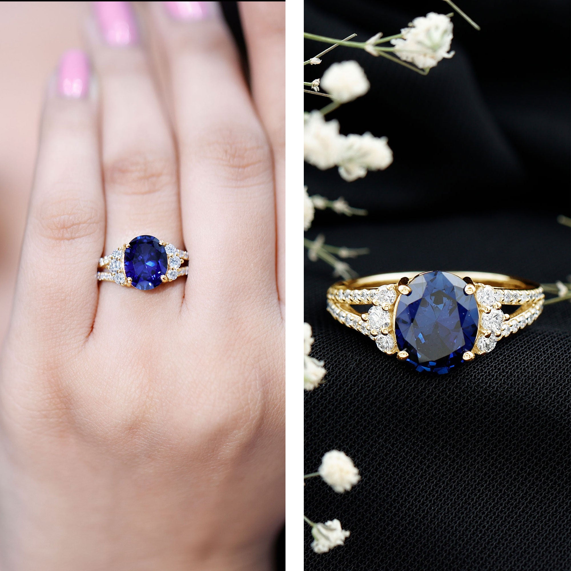 Certified 4 Carat Lab Grown Blue Sapphire Oval Engagement Ring with Diamond Split Shank AAAA - Rosec Jewels