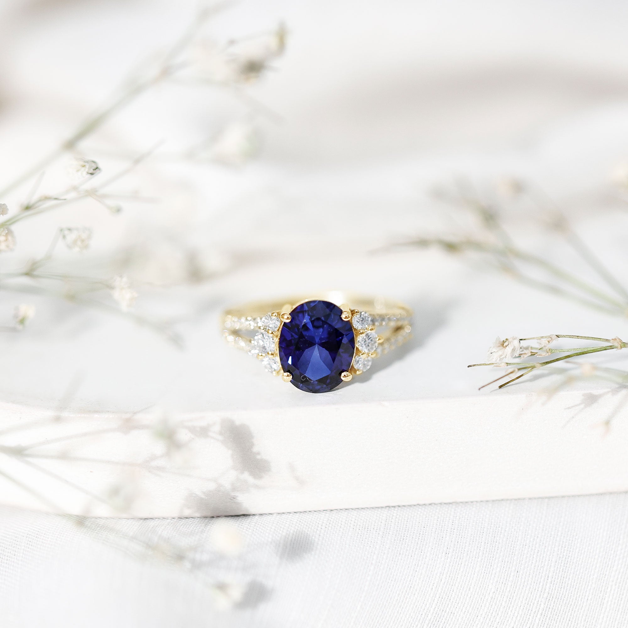 Certified 4 Carat Lab Grown Blue Sapphire Oval Engagement Ring with Diamond Split Shank AAAA - Rosec Jewels