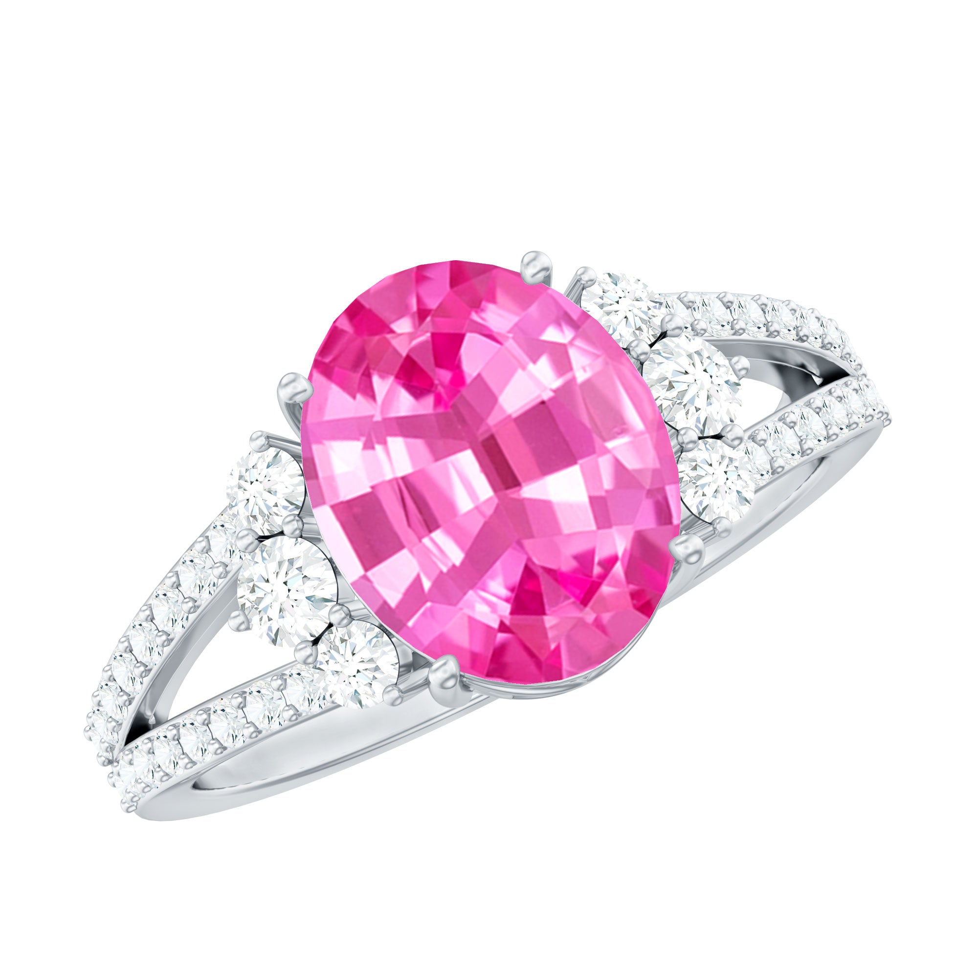Certified Lab Created Pink Sapphire Oval Engagement Ring With Moissanite