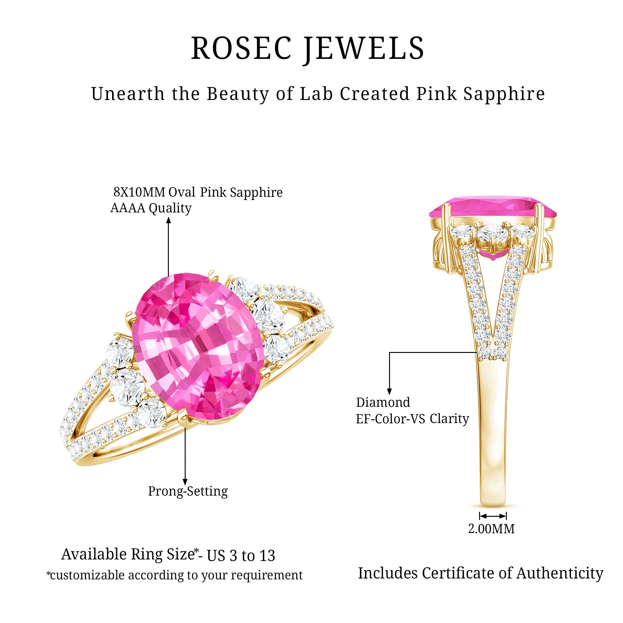 Certified 4 Carat Lab Created Pink Sapphire Oval Engagement Ring With Diamond AAAA - Rosec Jewels