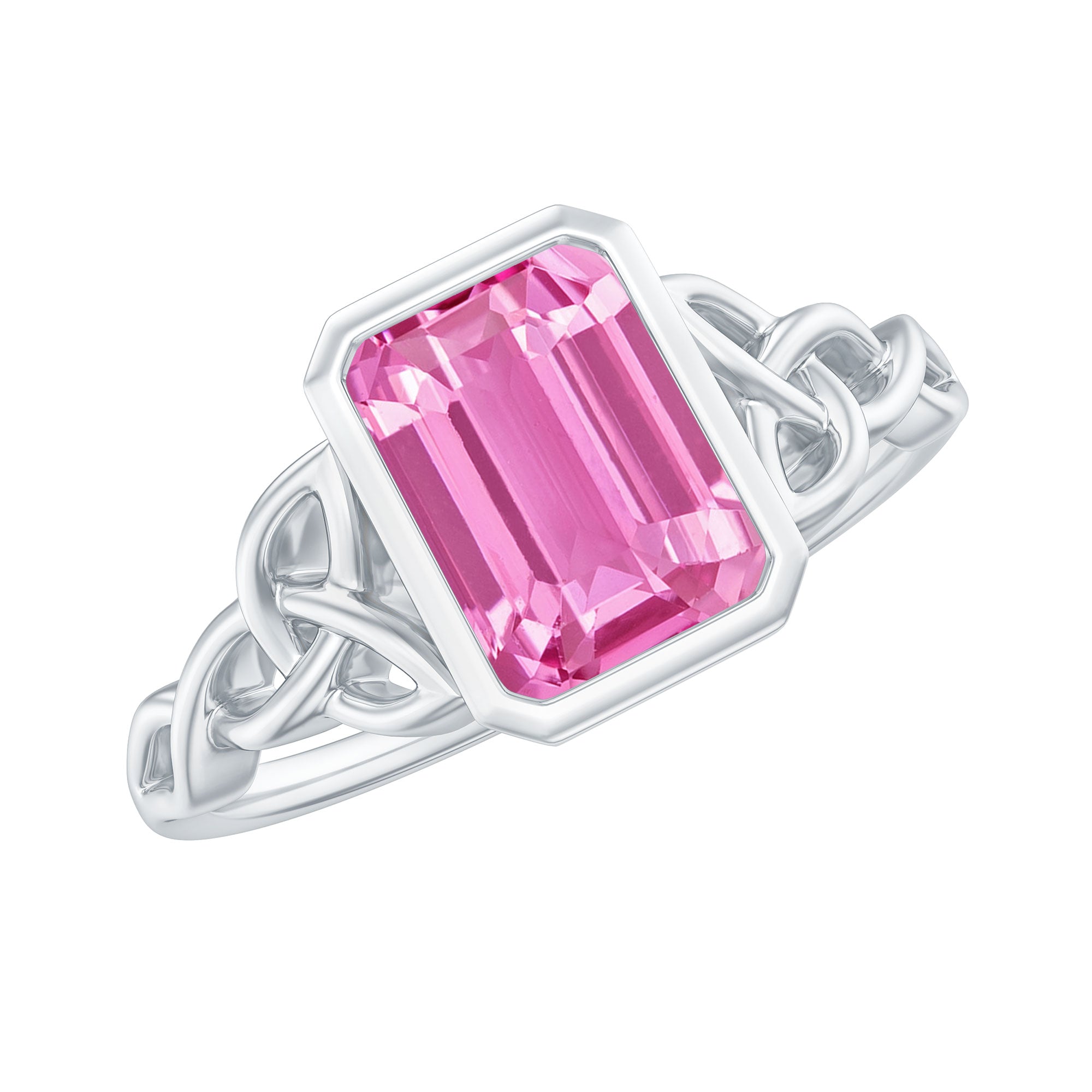 Emerald Cut Created Pink Sapphire Celtic Engagement Ring