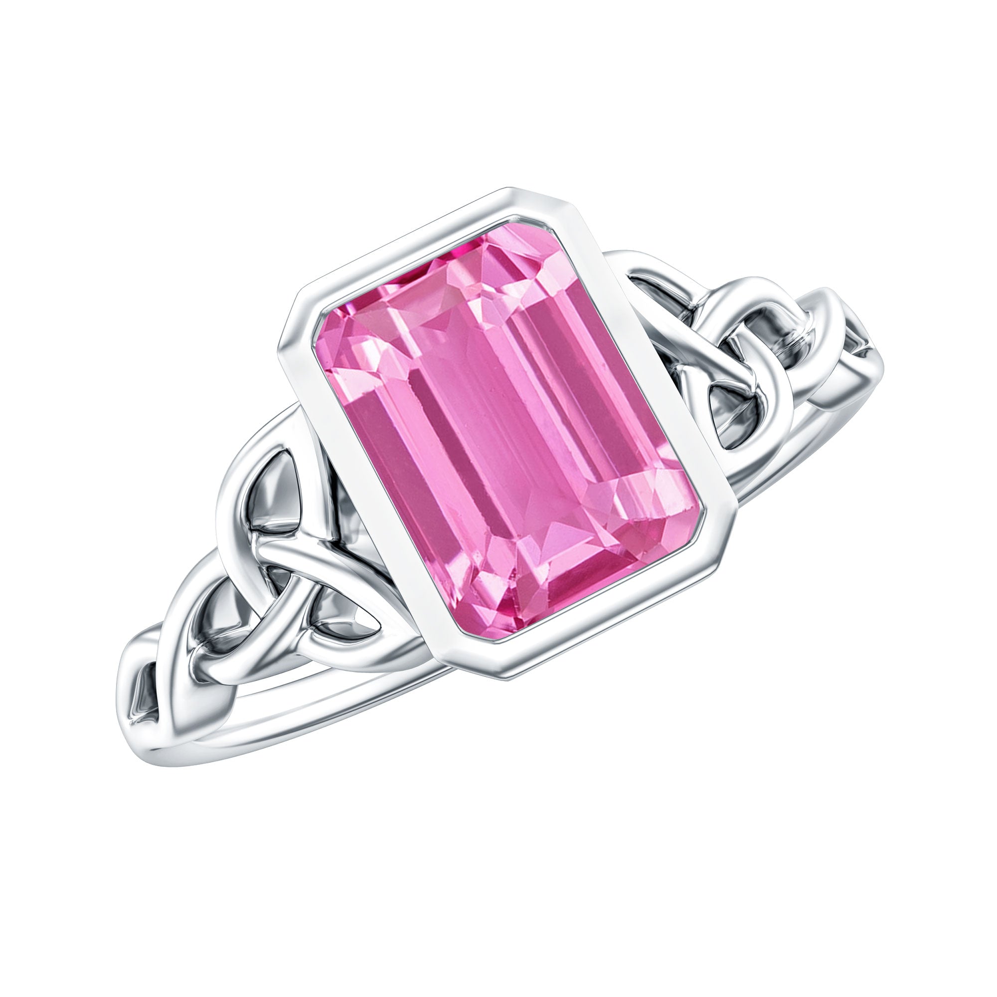 2.7 carat Emerald Cut Lab Created Pink Sapphire Celtic Engagement Ring AAAA - Rosec Jewels