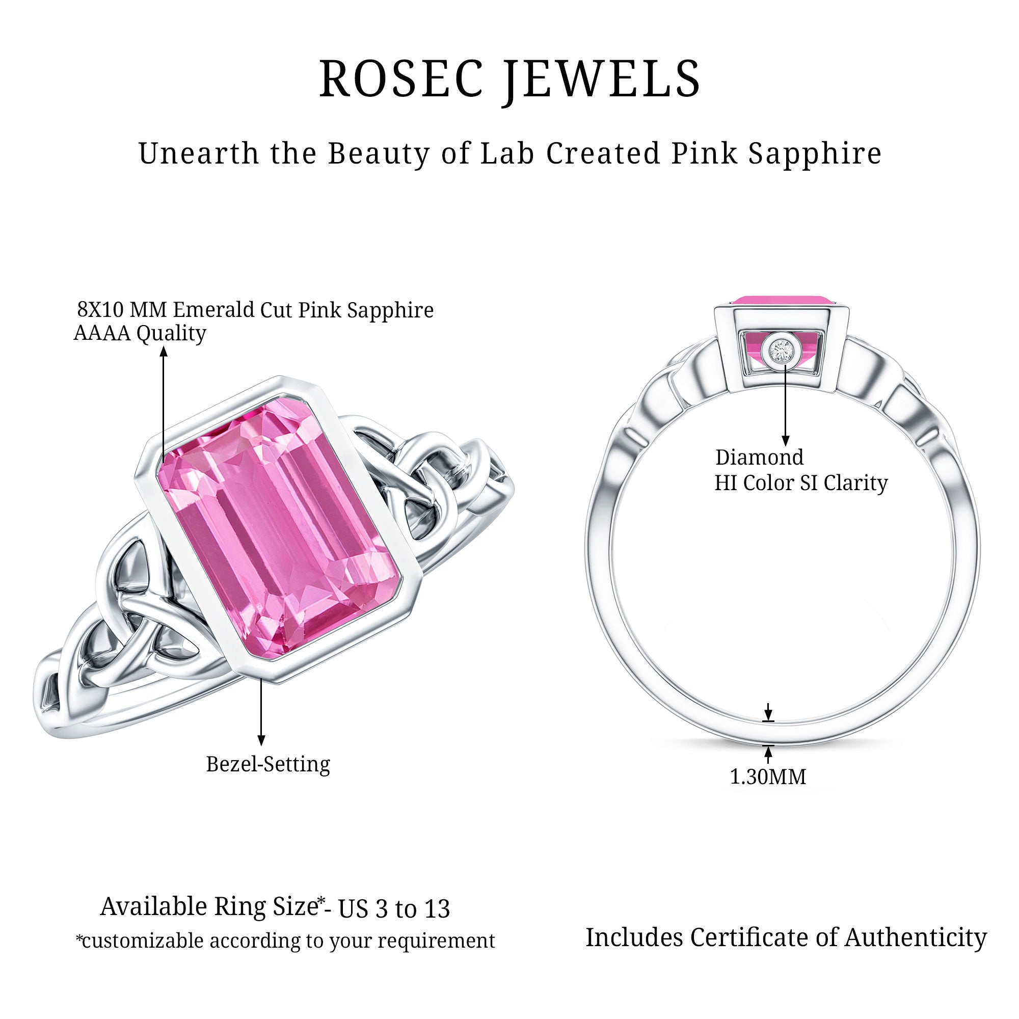 2.7 carat Emerald Cut Lab Created Pink Sapphire Celtic Engagement Ring AAAA - Rosec Jewels