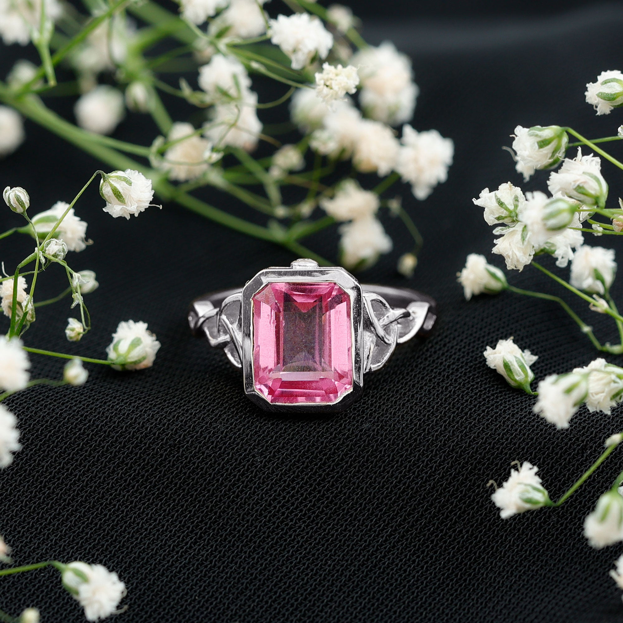 2.7 carat Emerald Cut Lab Created Pink Sapphire Celtic Engagement Ring AAAA - Rosec Jewels