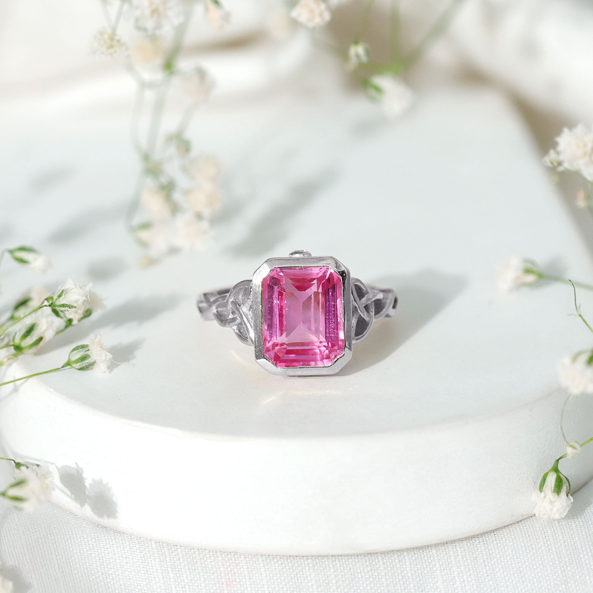 2.7 carat Emerald Cut Lab Created Pink Sapphire Celtic Engagement Ring AAAA - Rosec Jewels