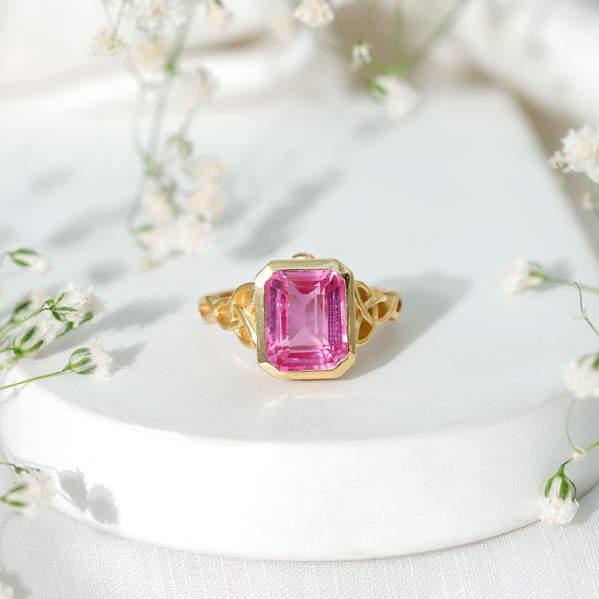 2.7 carat Emerald Cut Lab Created Pink Sapphire Celtic Engagement Ring AAAA - Rosec Jewels