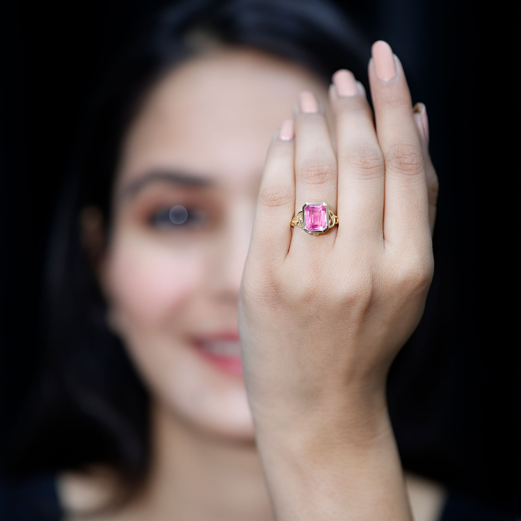 2.7 carat Emerald Cut Lab Created Pink Sapphire Celtic Engagement Ring AAAA - Rosec Jewels