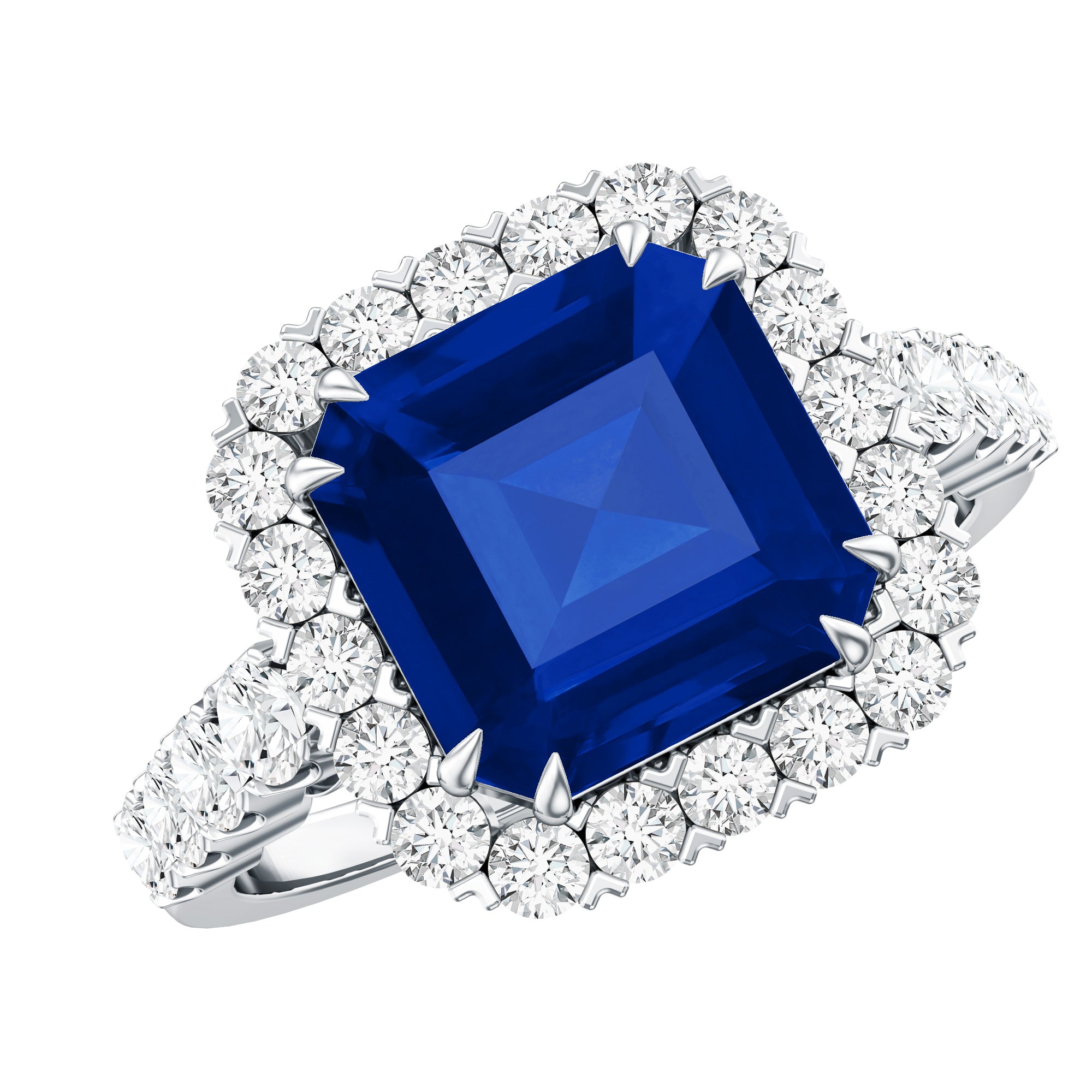 Certified 6.75 Carat Asscher Cut Lab Grown Blue Sapphire Engagement Ring with Diamond Halo AAAA - Rosec Jewels