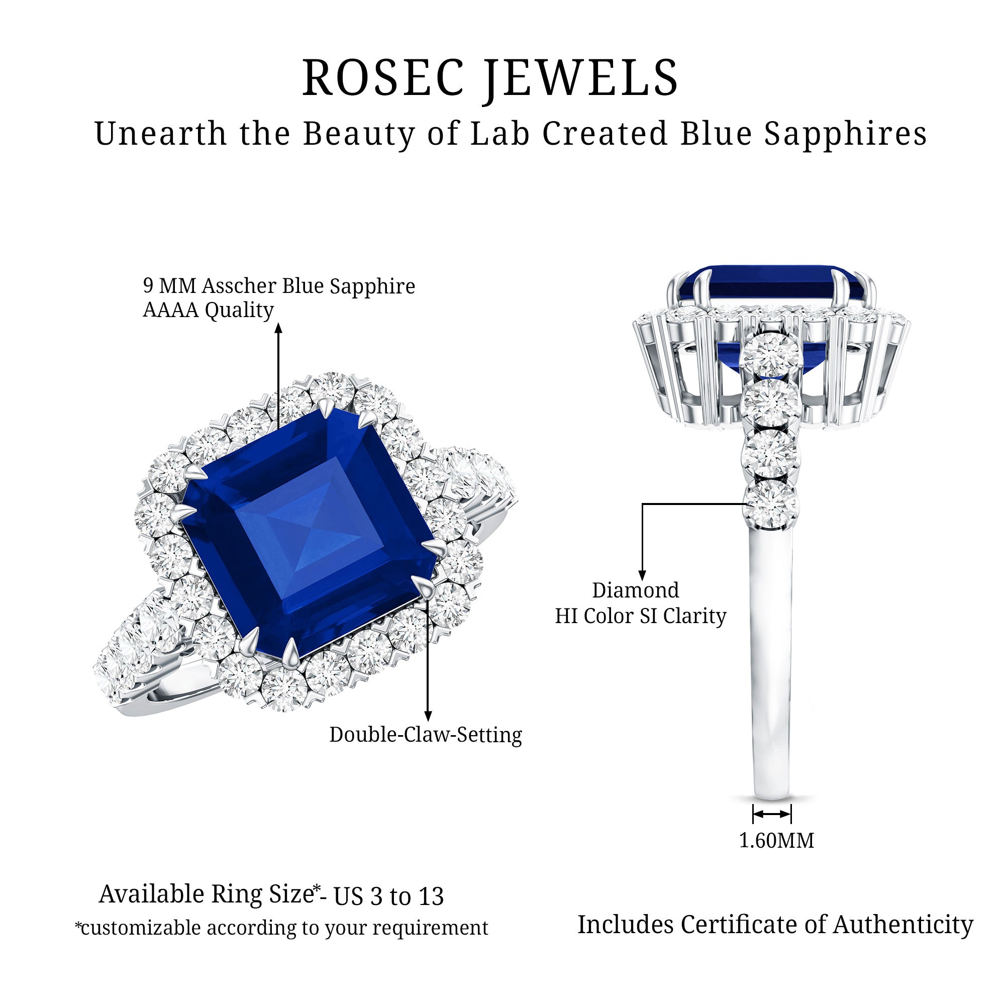 Certified 6.75 Carat Asscher Cut Lab Grown Blue Sapphire Engagement Ring with Diamond Halo AAAA - Rosec Jewels