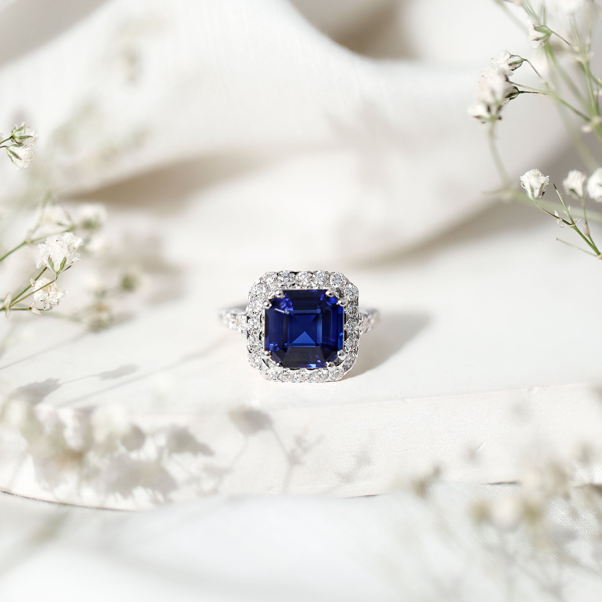 Certified 6.75 Carat Asscher Cut Lab Grown Blue Sapphire Engagement Ring with Diamond Halo AAAA - Rosec Jewels