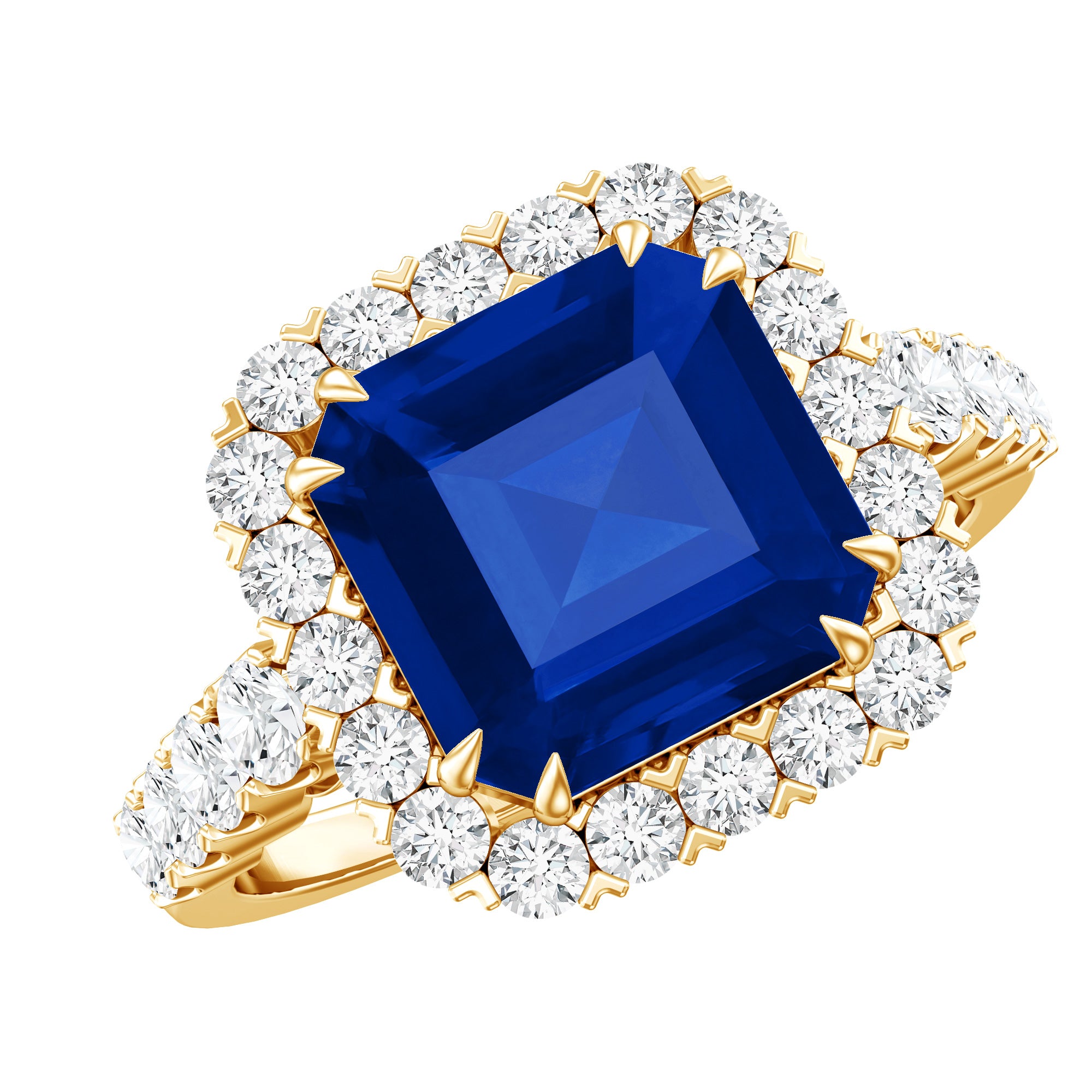 Certified 6.75 Carat Asscher Cut Lab Grown Blue Sapphire Engagement Ring with Diamond Halo AAAA - Rosec Jewels