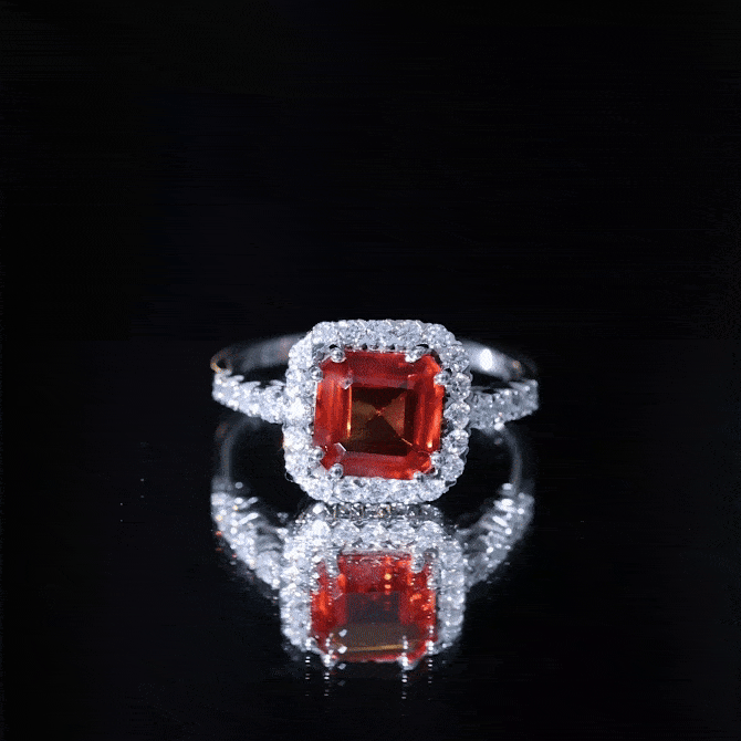 Rosec Jewels-Certified 9mm Lab Grown Orange Sapphire Asscher Cut Engagement Ring with Halo