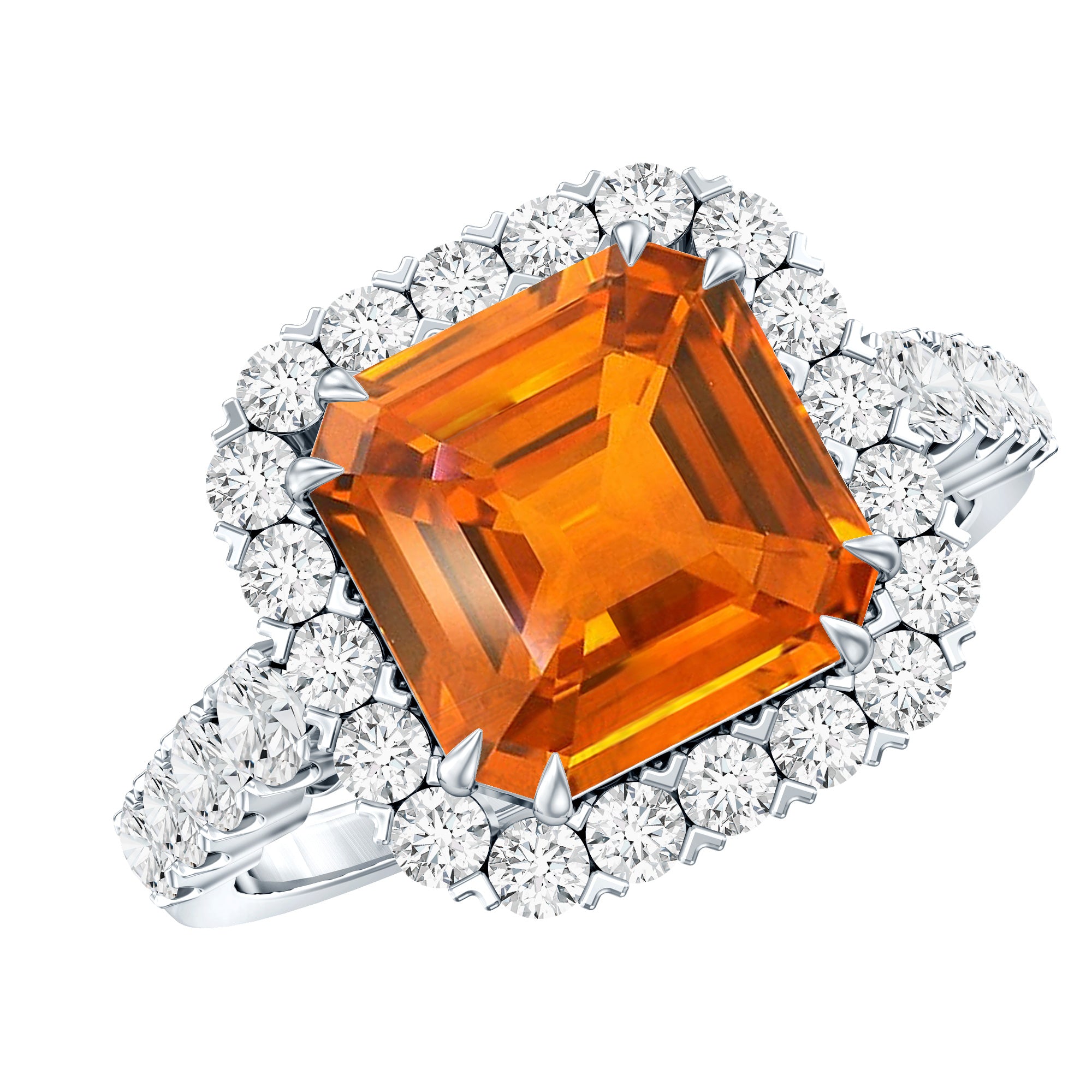 6.75 Carat Asscher Cut Lab Grown Orange Sapphire Engagement Ring with Halo