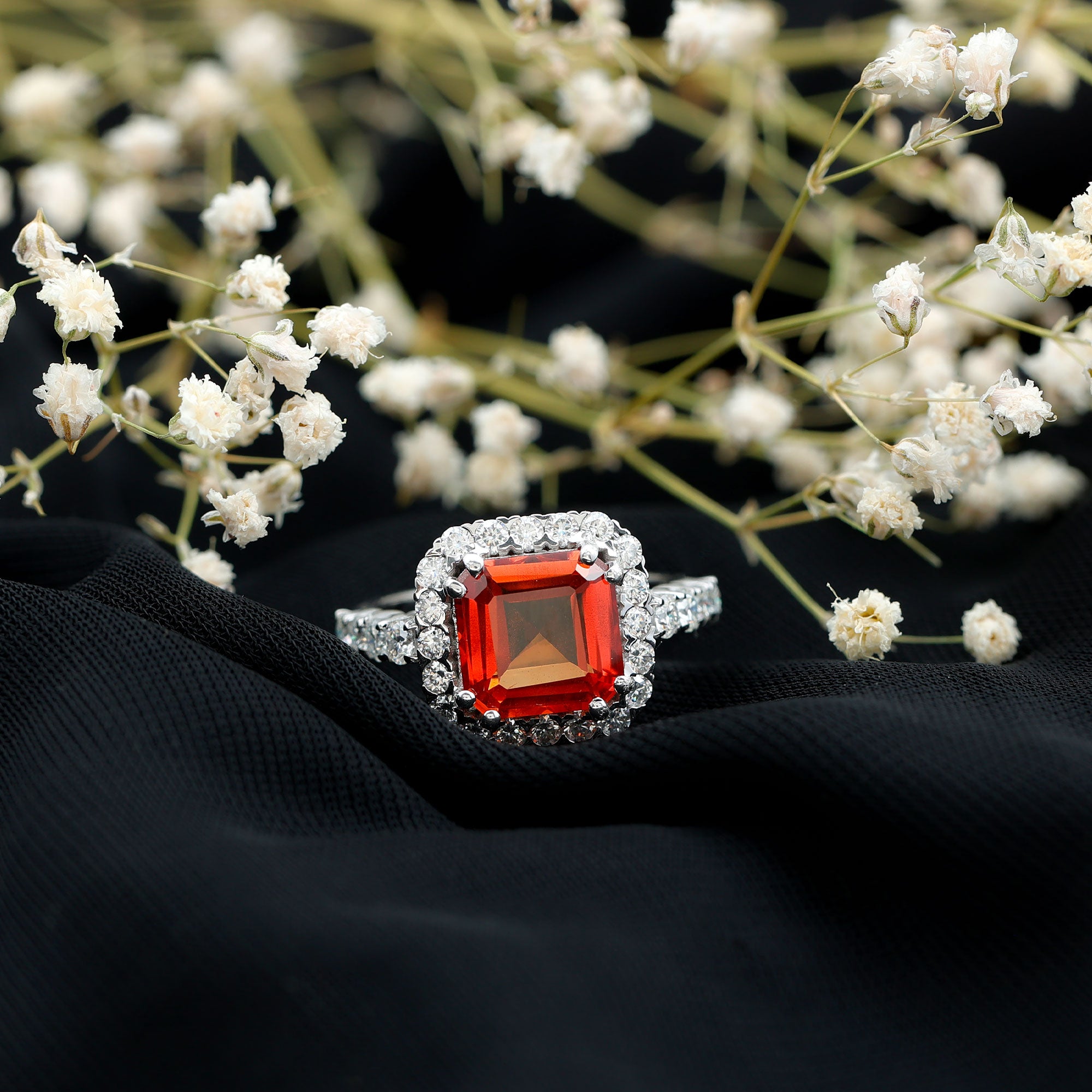 Rosec Jewels-Certified 9mm Lab Grown Orange Sapphire Asscher Cut Engagement Ring with Halo