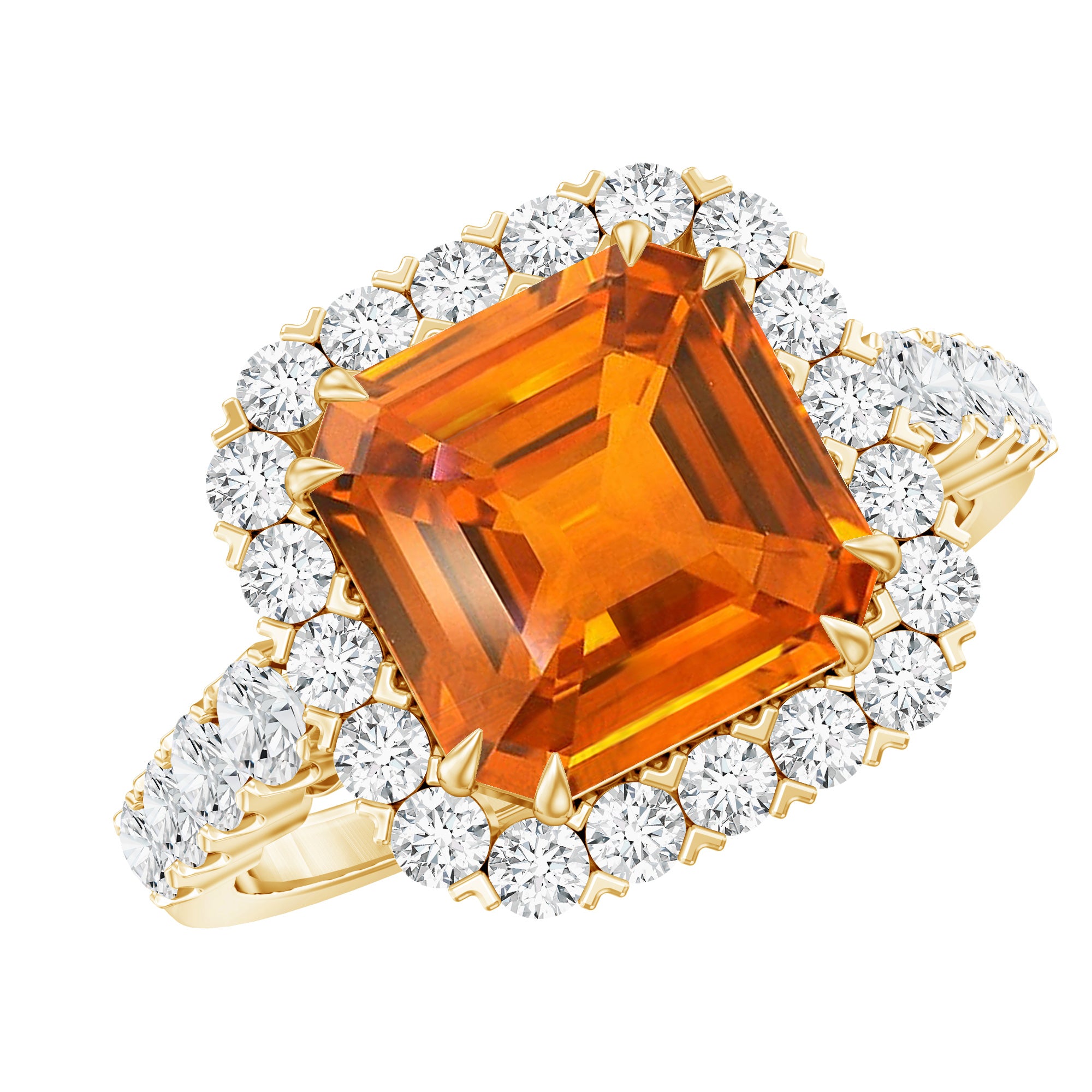 6.75 Carat Asscher Cut Lab Grown Orange Sapphire Engagement Ring with Halo AAAA - Rosec Jewels